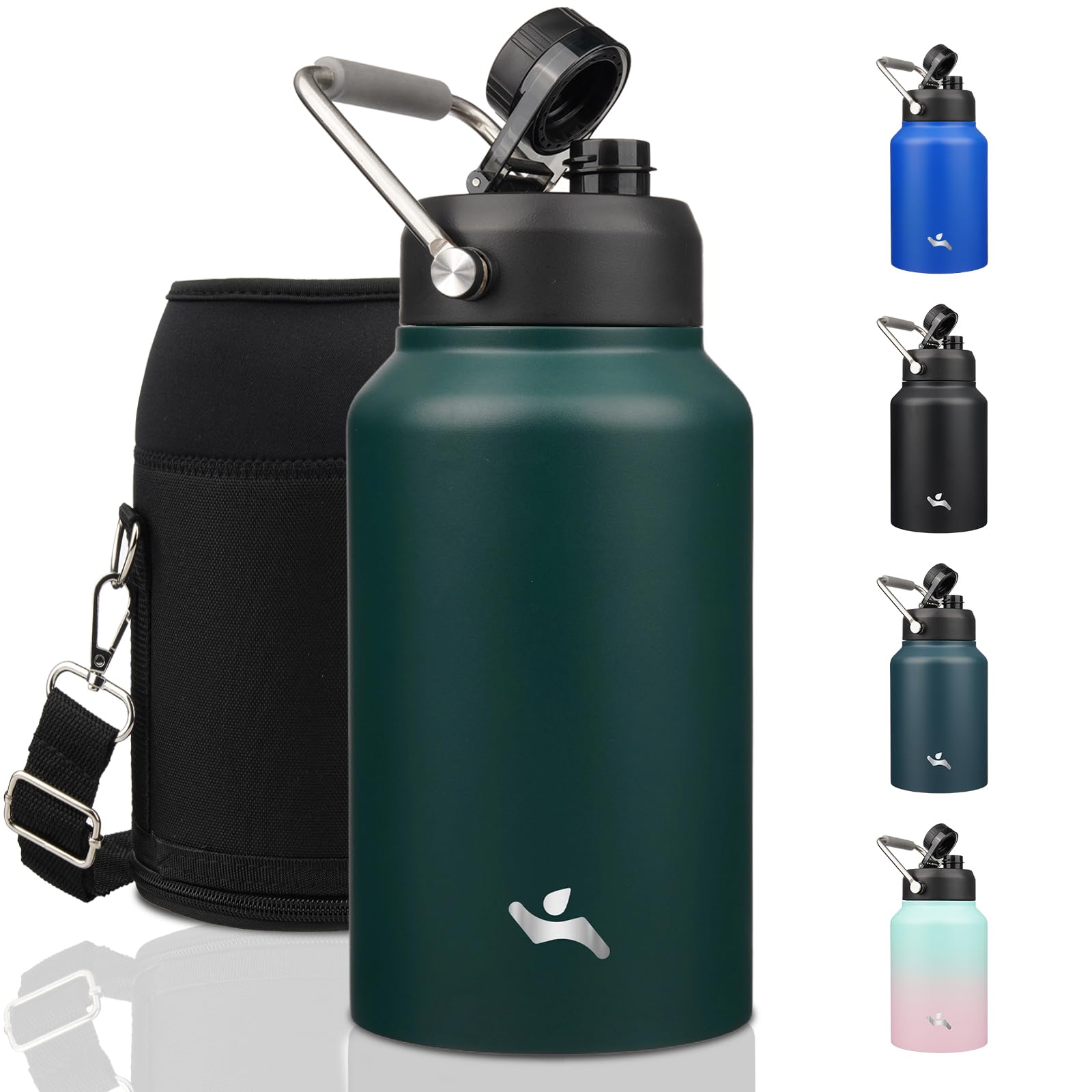 Konokyo Jug with Handle,87 oz Insulated Water Bottle with Carrying Pouch, Double Wall Vacuum Stainless Steel Metal Bottle,Dark G