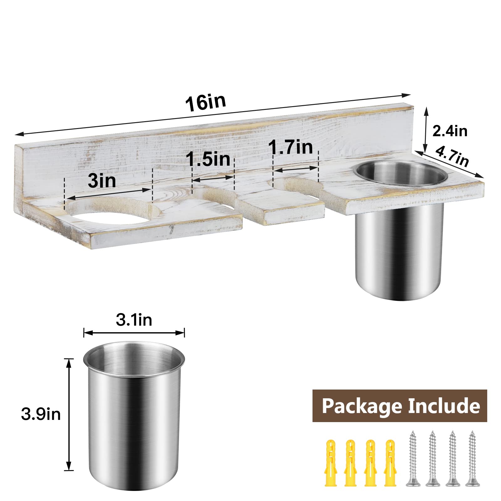 Hair Tool Organizer Wall Mounted, Sturdy Pine Wood Construction, Removable Stainless Steel Cup, Holds Hair Dryers, Straighteners