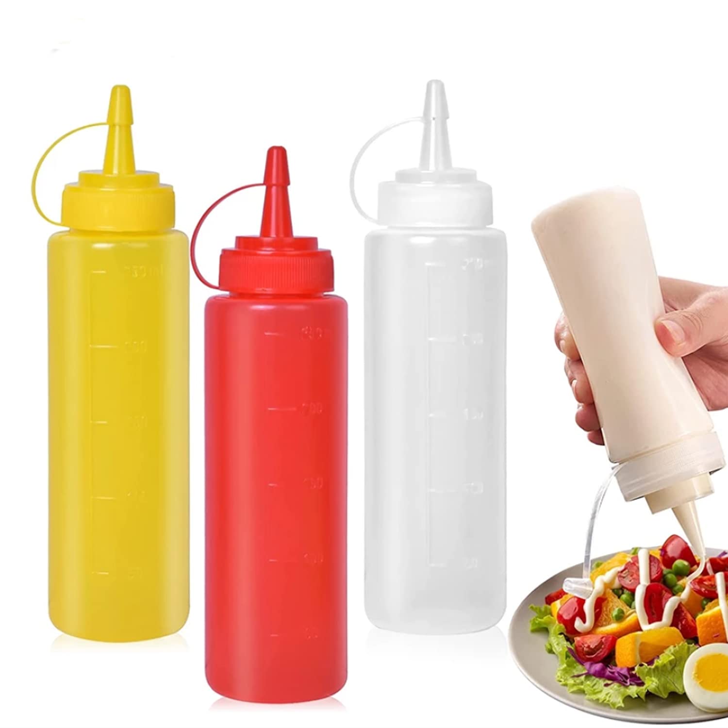 Condra Field Condiment Sauces Squeeze Bottles - (3Pcs-13.5Oz),With Leak-Proof Cap And Scale Line.Plastic Squeeze Squirt Bottles