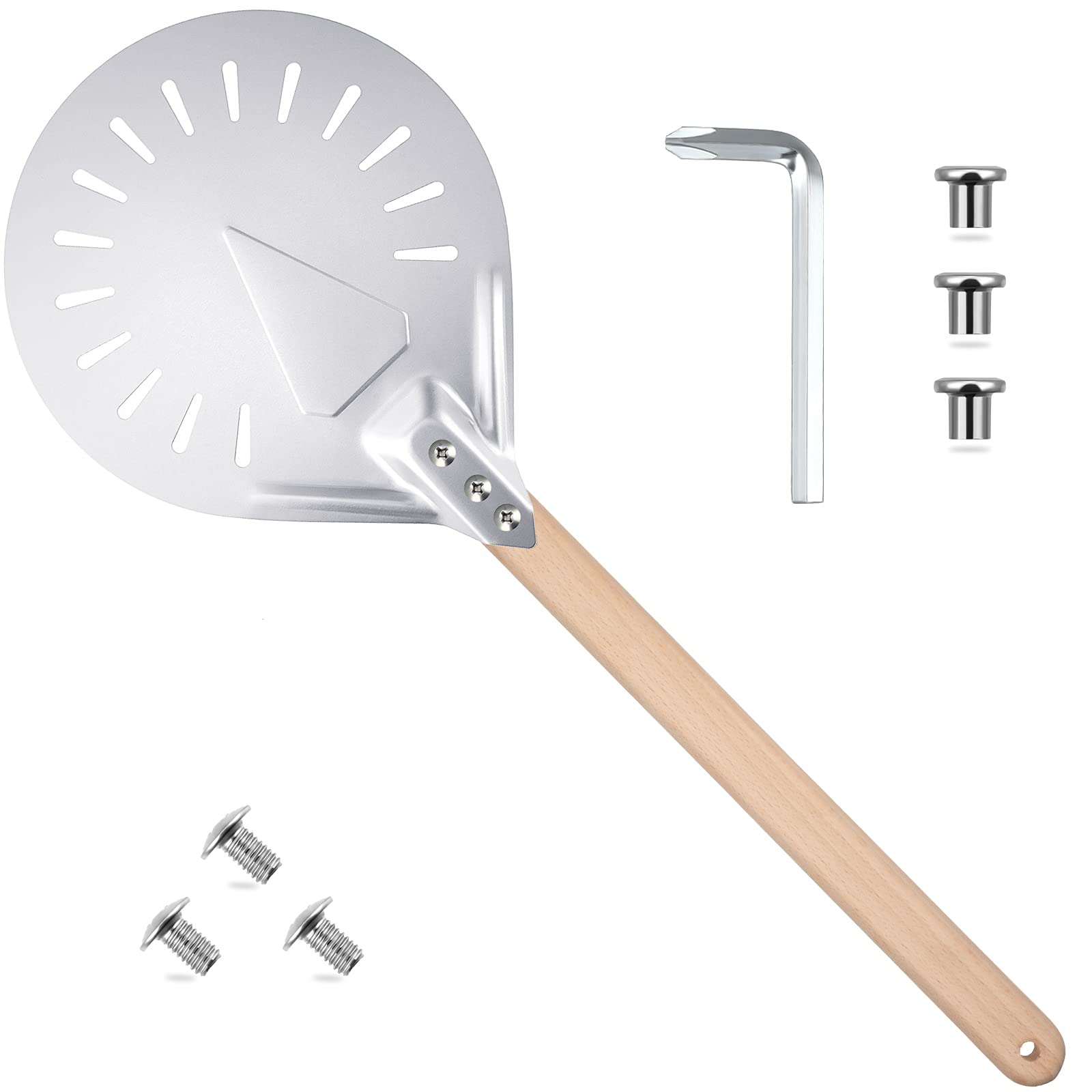 Round Perforated Pizza Peel Aluminum Pizza Turning Peel Pizza Paddle Oven Accessories With 16 Inch Anti-Scalding Wooden Handle F