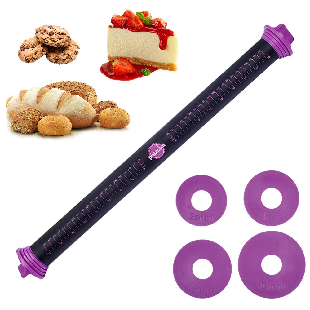 Prokitchen Silicone Rolling Pin With Thickness Rings, Adjustable Silicone Rolling Pin Designs Dough Roller Pins For Fondant, Coo