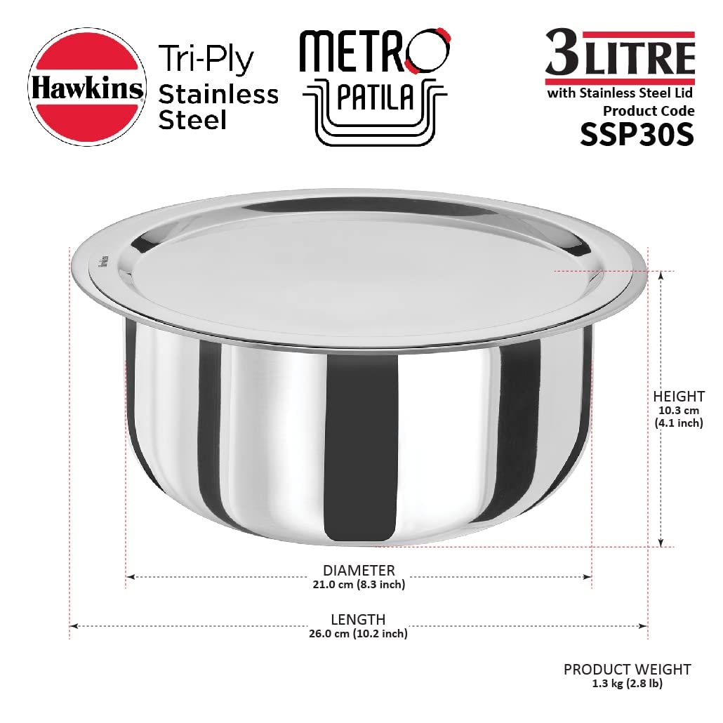 Hawkins Triply Stainless Steel 3 pc Tope Set with Capacity of 3 litres, 4 litres & 5 litres with Stainless Steel Lids (Gas Stove