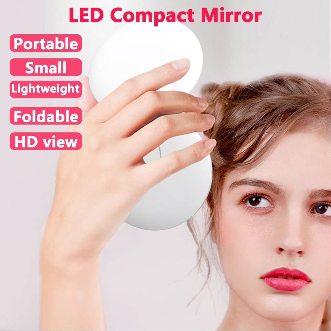 Cigyyogy Small Led Compact Makeup Mirror Round Handheld Foldable - Magnifying Lighted Pocket Mirrors Double Sided With 1X/2X Mag