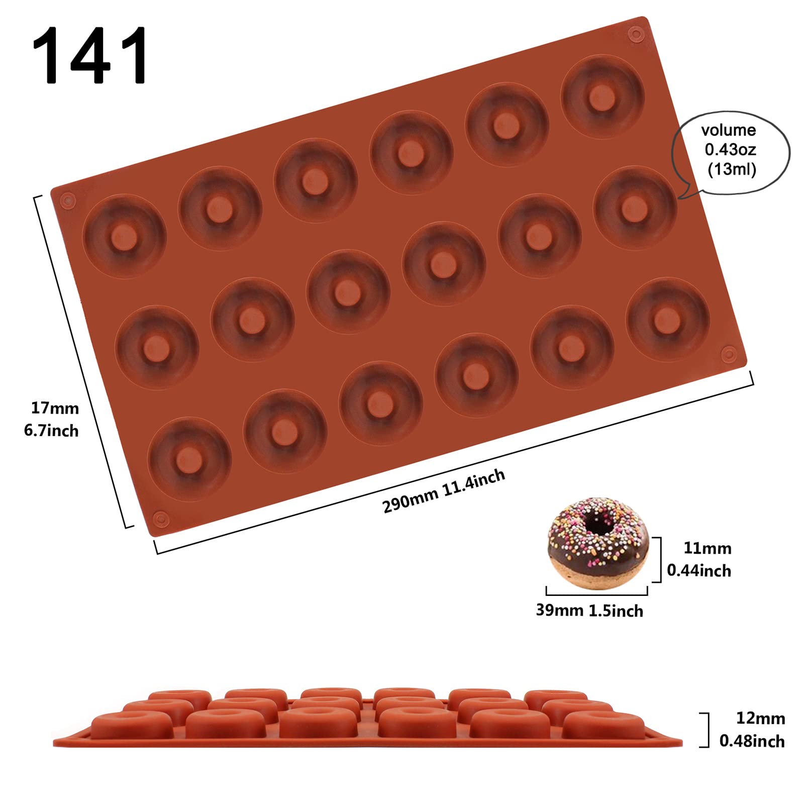 Funshowcase Mini Donut Silicone Mold 18 Cavity 12X7X0.4''