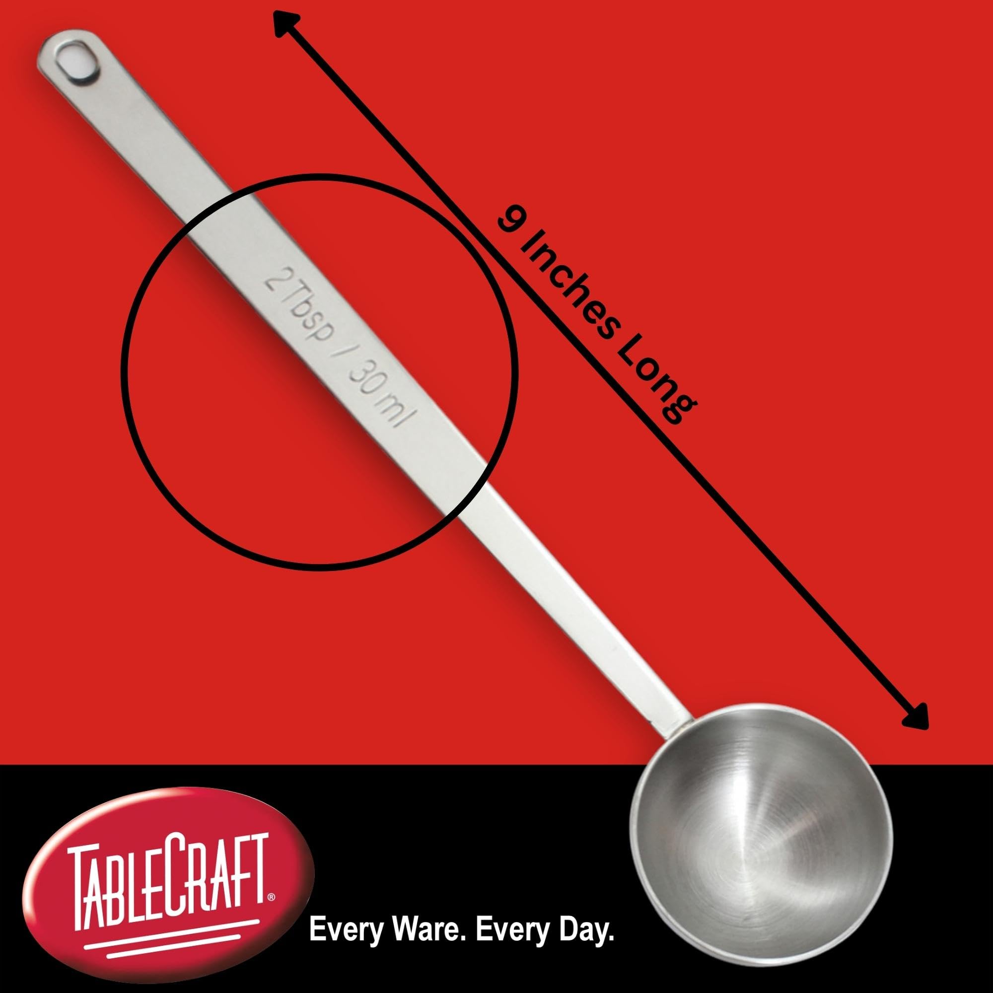 Tablecraft 2 Tablespoon Coffee Scoop, Stainless Steel, 9 Inch Long Handle Measuring Spoon, 30Ml Two Tbsp Capacity, Restaurant, C