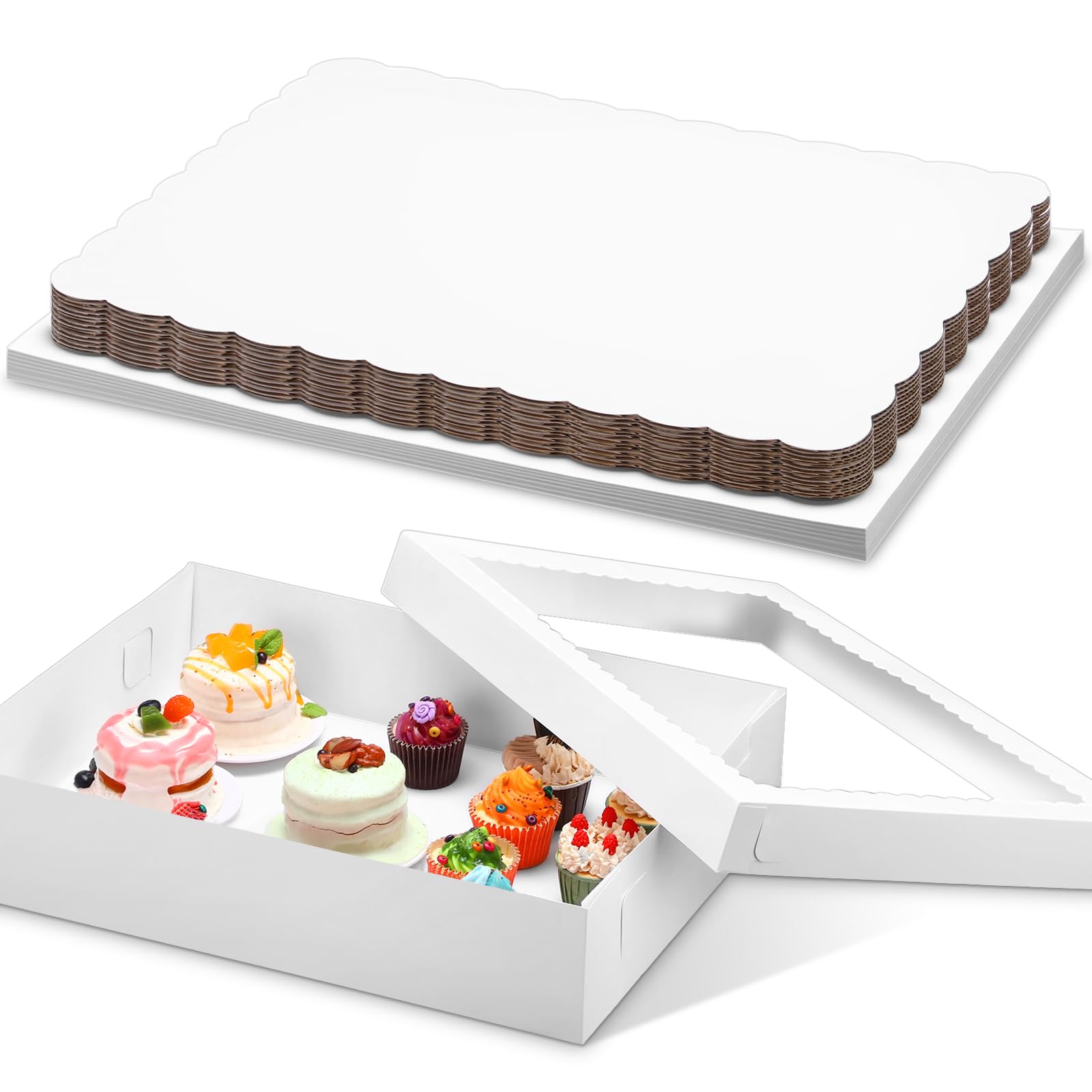 Sinload 10 Pcs 19x14x4 Inch Half Sheet Cake Boxes 5pcs Large Rectangle Bakery Boxes with 5pcs Cake Boards for Pastry Baking, Cup