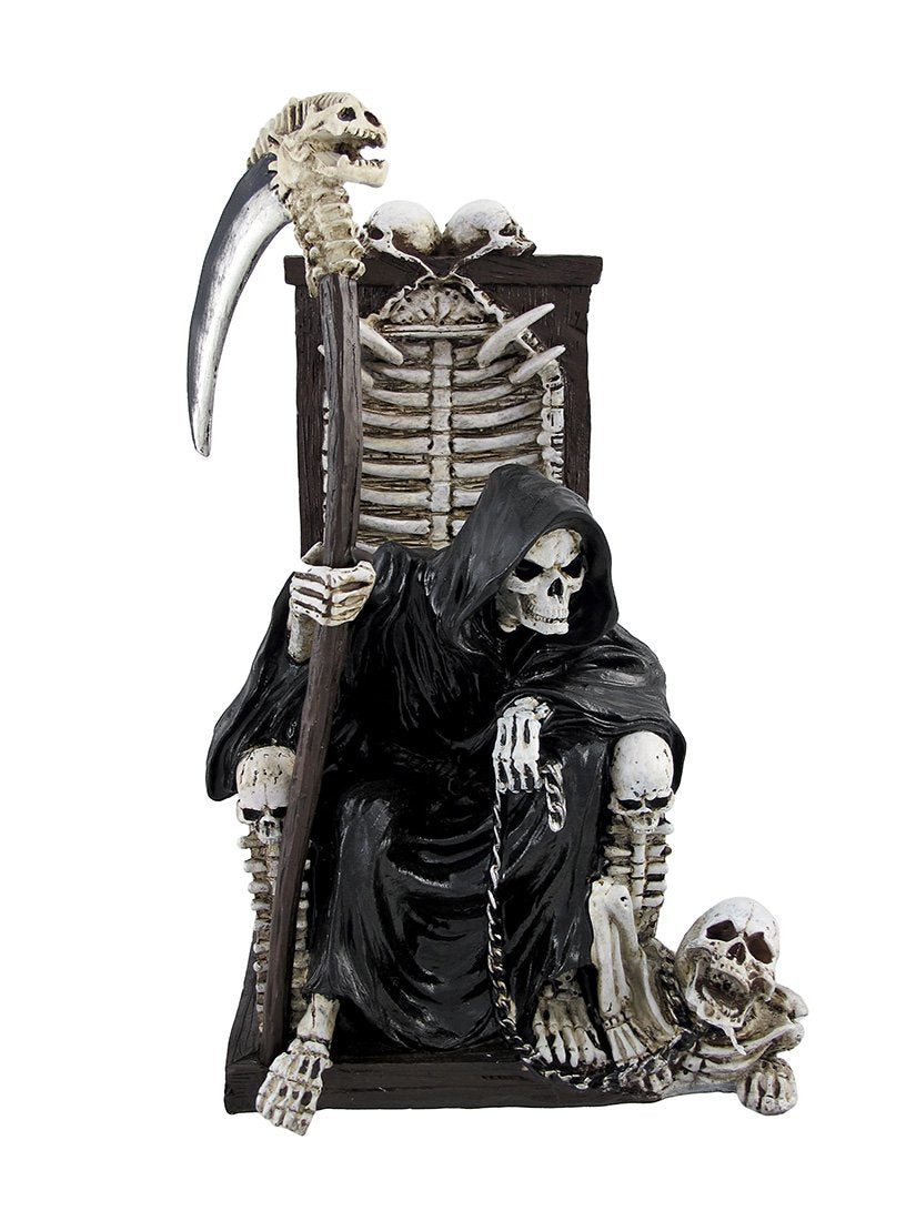 DWK - Dark Master - Grim Reaper Skeleton on Throne with Pet and Scythe Collectible Gothic Fantasy Figurine Statue Halloween Deat