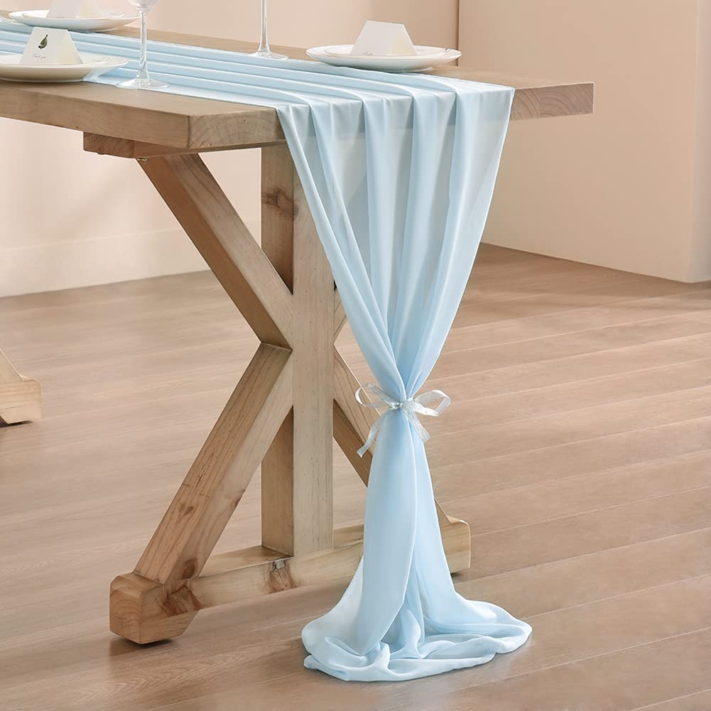 Socomi 10Ft Light Blue Chiffon Table Runner 29X120 Inches Wedding Runner Sheer Thanksgiving Christmas Bridal Shower Decorations