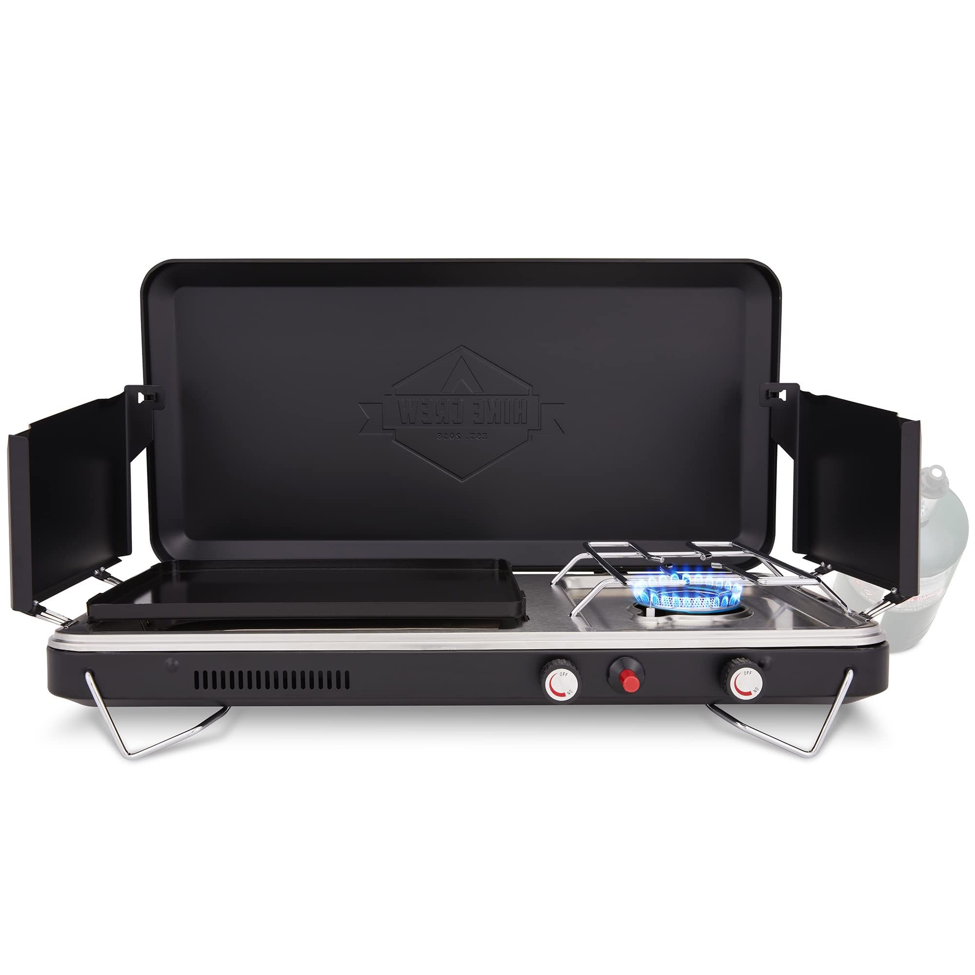 Hike Crew 2-in-1 Gas Camping Stove and Griddle, Portable Propane Burner w/Integrated Igniter & Stainless Drip Tray | Built-in Ca