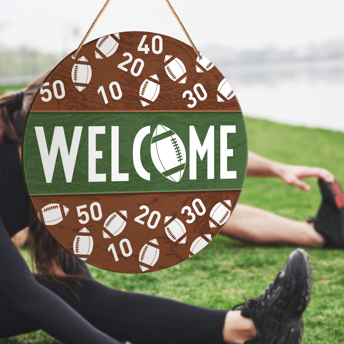 Muktoujaumai Football Welcome Signs for Front Door, Football Hanging Sign Decor Farmhouse Sport Wall Decorations Sign for Home,