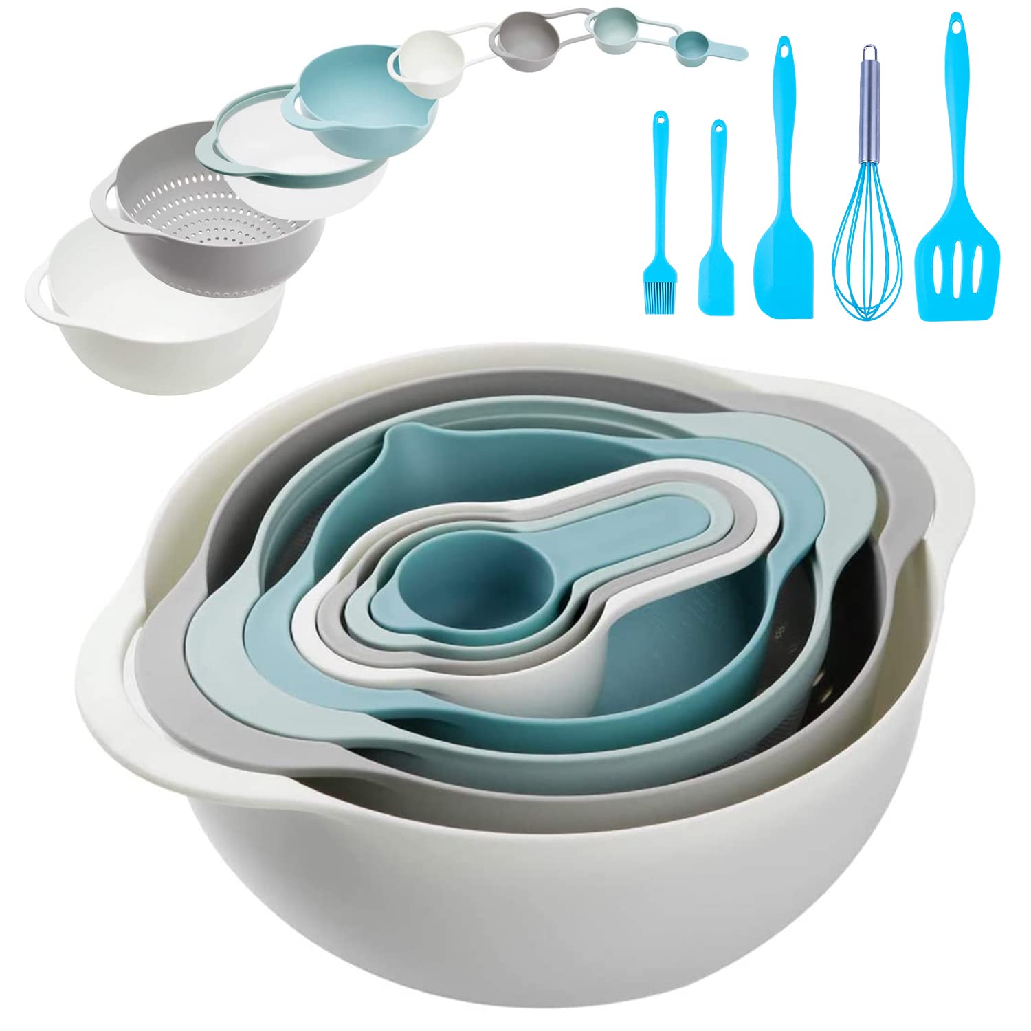 13 Pcs Mixing Bowls Set- Rv Camping Accessories Set, Apartment Kitchen Gadget Easy Storage, Inculding Measuring Cups Colander Si