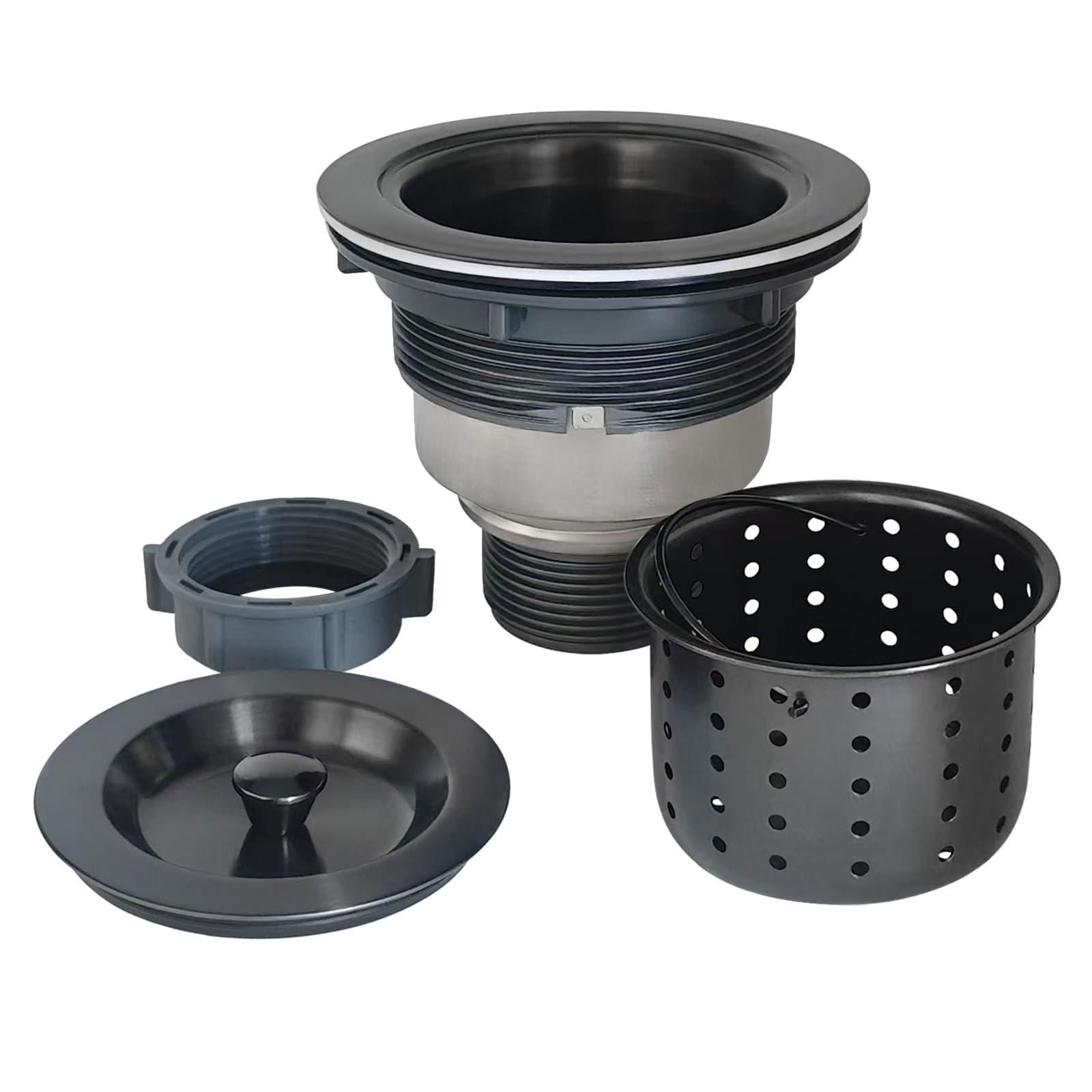 3-1/2-Inch Kitchen Sink Drain Strainer Assembly Kit Black, GZILA Deep Waste Basket Strainer with Sealing Lid Sink Stopper, 304 S
