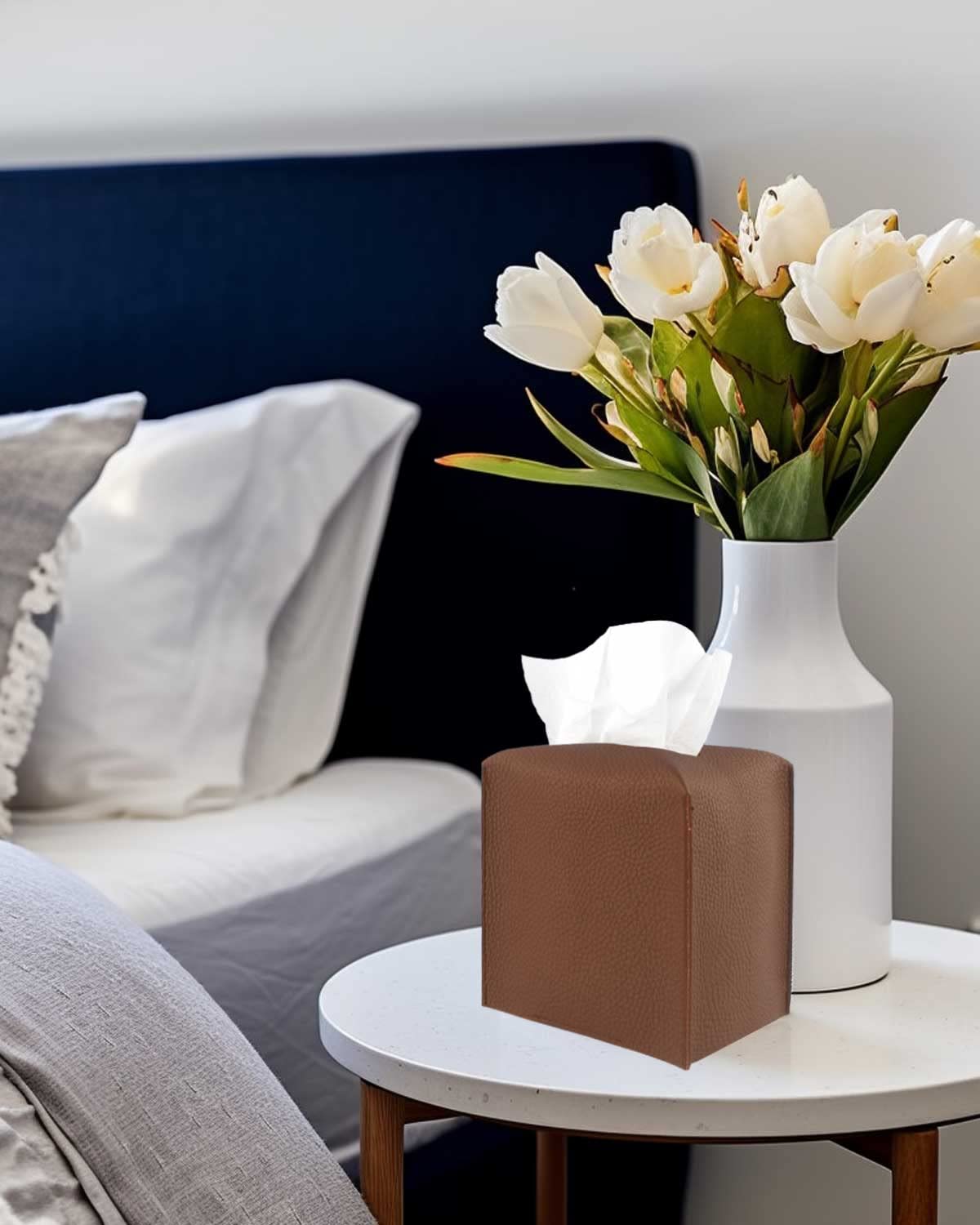 Leather Tissue Box Cover Square - [Jesmini, Brown] Modern Pu Leather Cube Tissue Box Holder Decorative For Bathroom Vanity Count