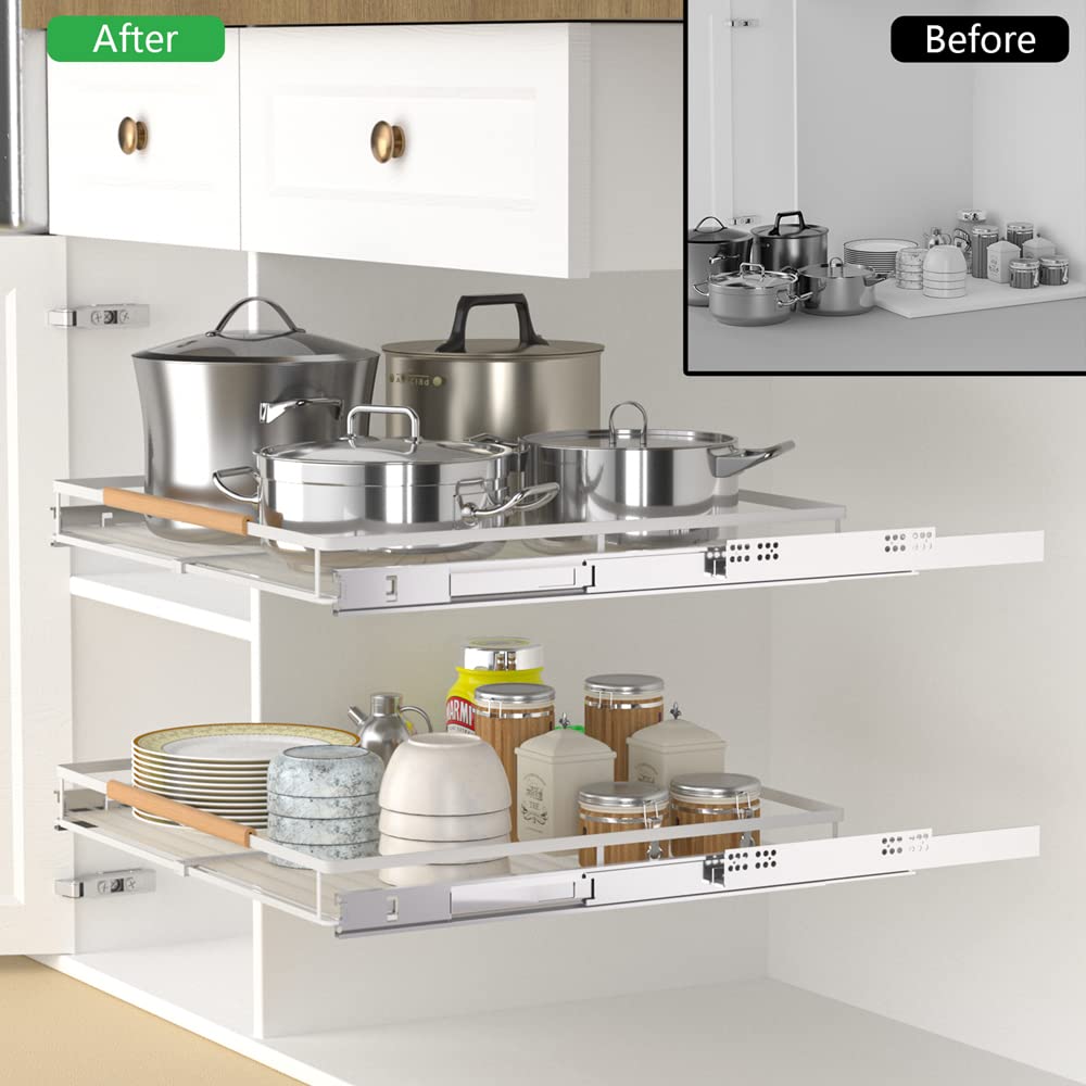 MIYUPTC Expandable Sliding Basket Drawer, Stainless Steel Pull-Out Organizer, 22''D for Kitchen, Bathroom, Wardrobe, 1 Pack