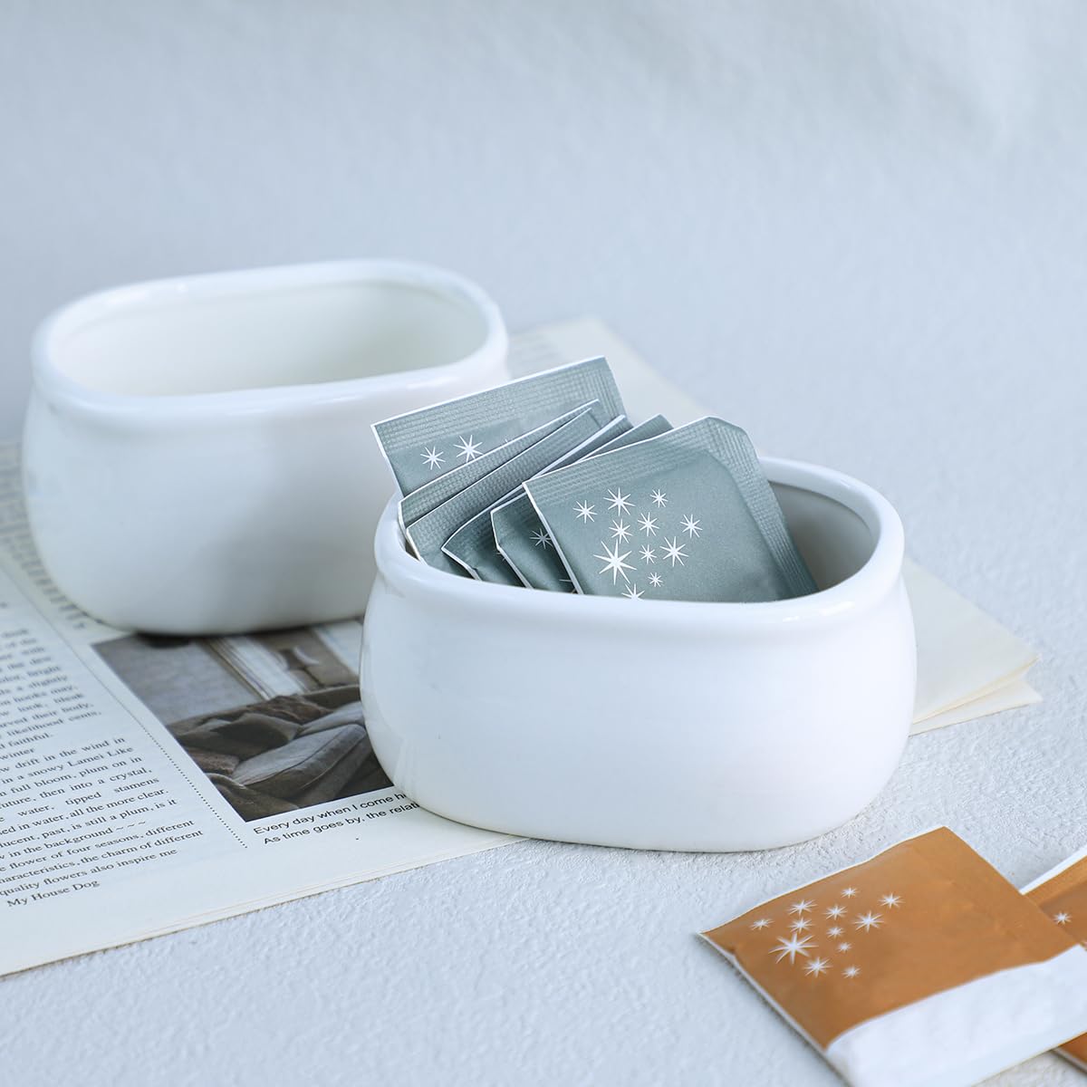 Sizikato 2Pcs Pure White Porcelain Sugar Packet Holder Tea Bag Bowl, 3.7 Inches
