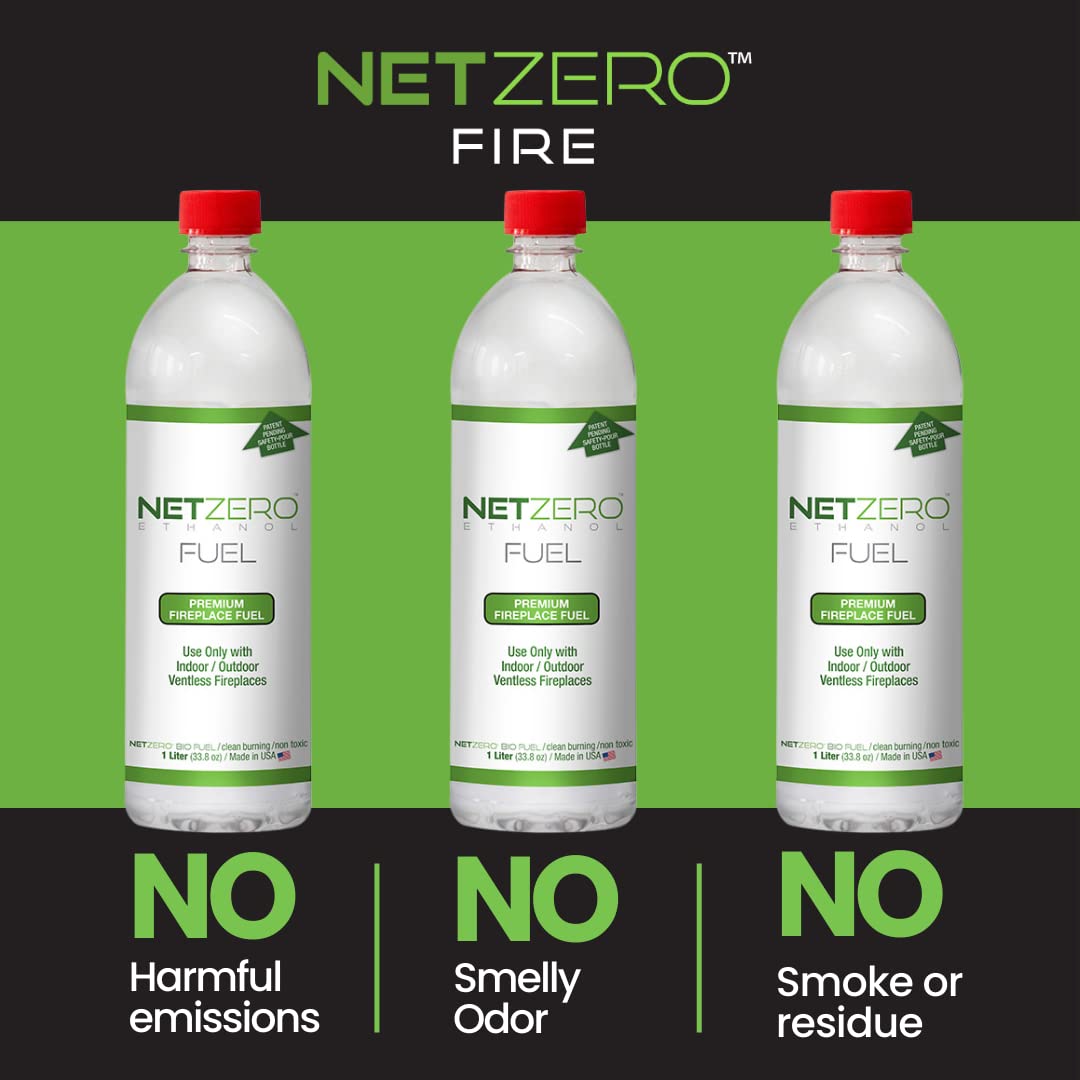 NetZero Bioethanol Fuel for Ventless Fireplaces & Stoves, 1 Liter Bottle, Clean Burning & Sustainable