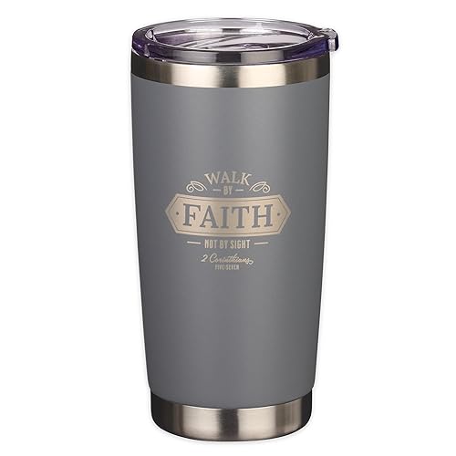 Christian Art Gifts Stainless Steel Double Wall Vacuum Insulated Tumbler Travel Mug For Men & Women: Walk By Faith - 2 Cor. 5:7