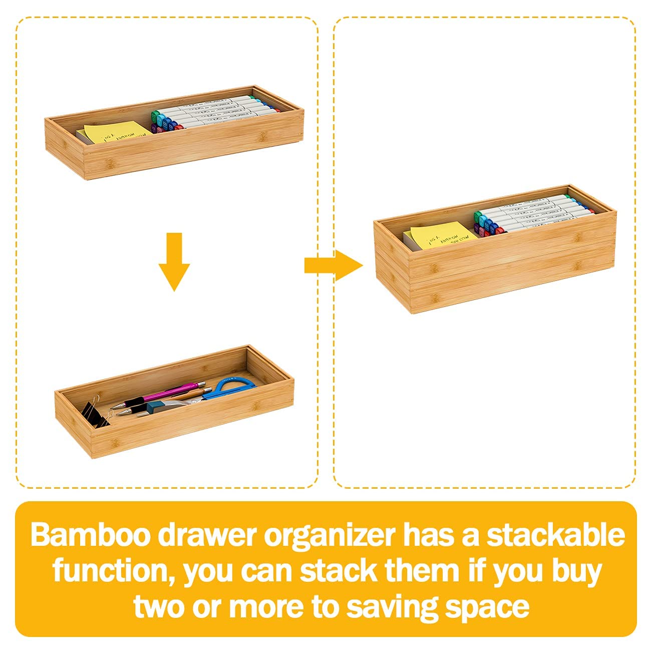 Utensil Organizer Silverware Drawer Organizer-Stackable Bamboo Flatware Caddy Cutlery Holder, Wooden Storage Boxes Tray for Bedr
