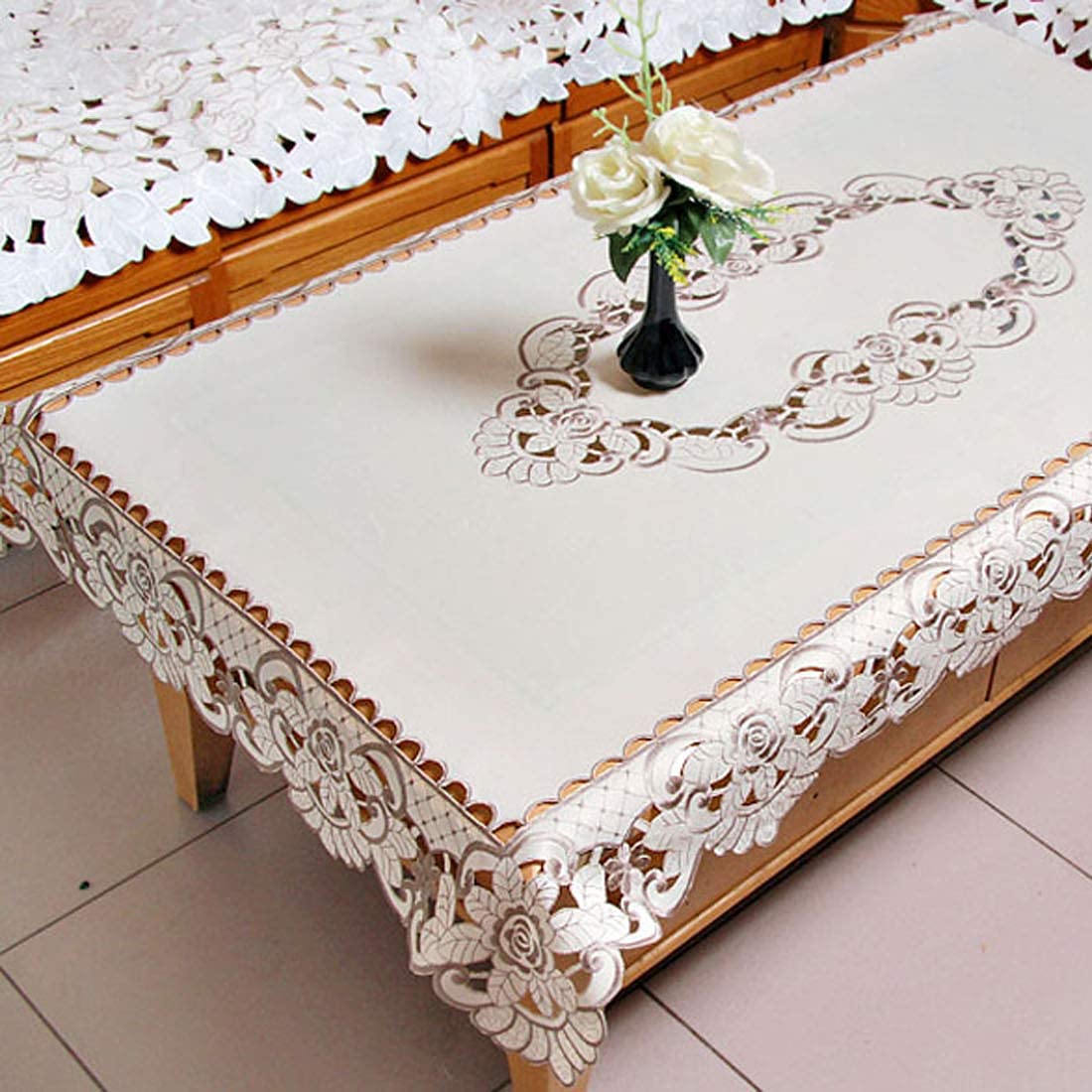 Lelehome 31 X 56    Oblong Classic Embroidered Brown Flower Tablecloth, Vintage Lace Beige Rectangular Table Cloth For Kitchen D