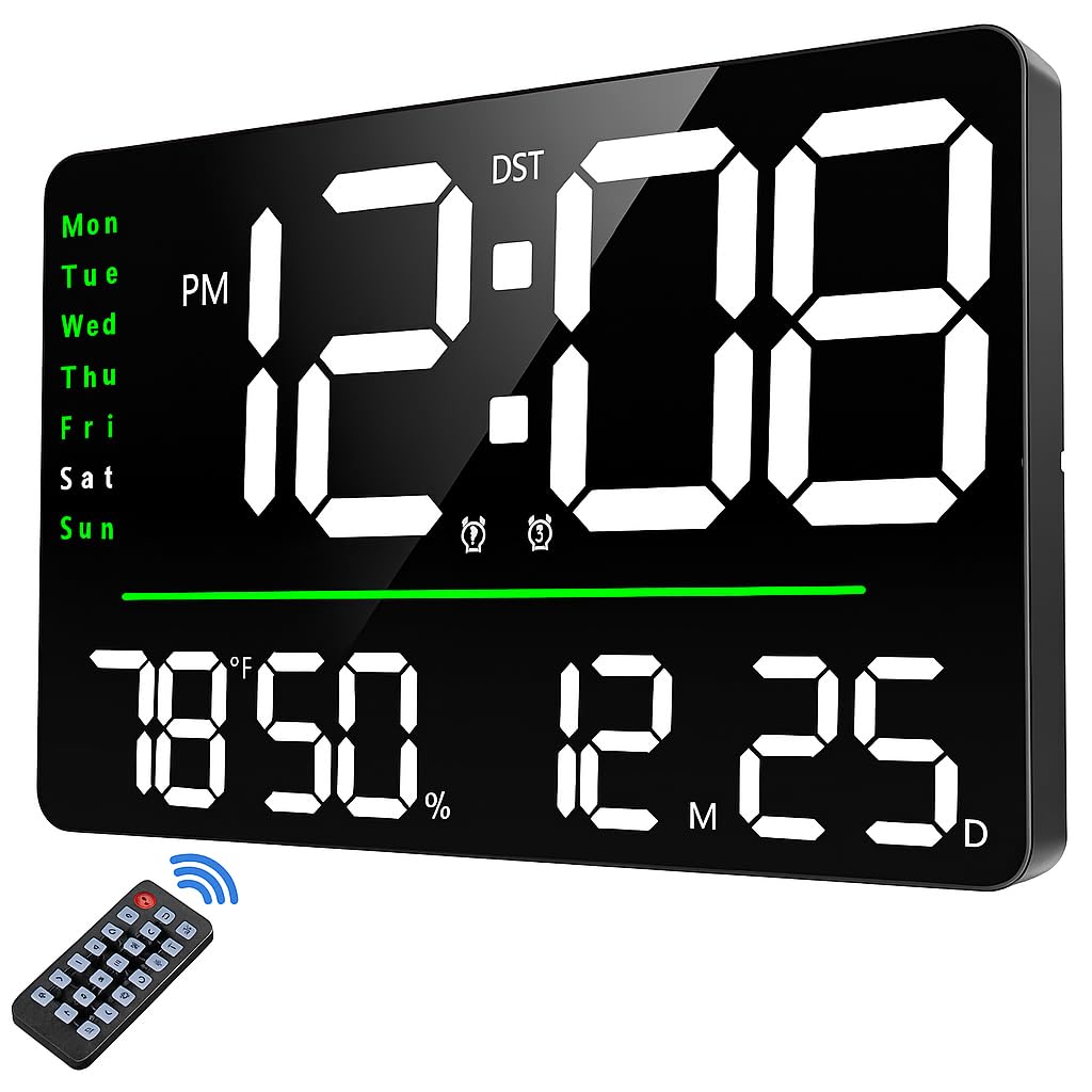 Aerys 16-Inch Digital Wall Clock, Large Led Display With Remote Control, Auto/Custom Dimmer, Temp & Humidity, Dual Alarms, For L