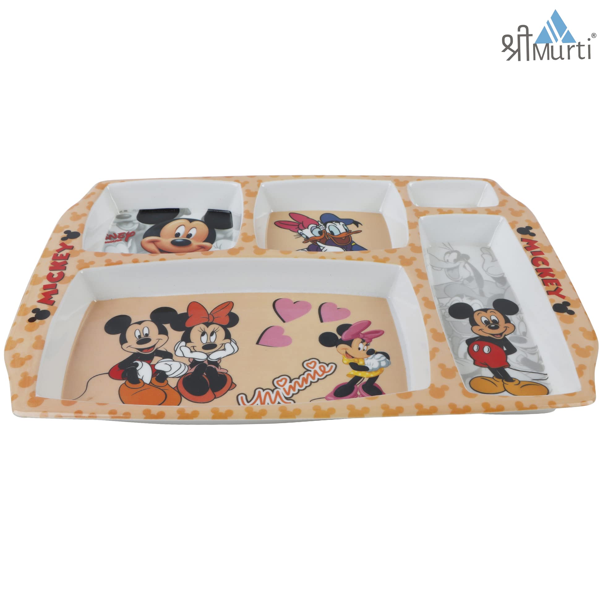 Shree Murti Food Serving Dinner Plate with 5 Sectioned Partition Funny Cartoon Printed (Minnie) |Perfect Gifting for Navratri Di