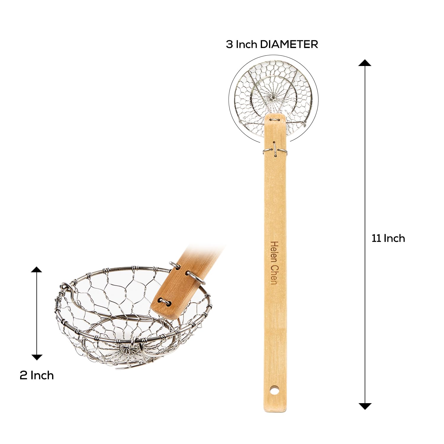 Helen'S Asian Kitchen Mini Spider Strainer, 3-Inch, Set Of 2, Stainless Steel With Natural Bamboo Handle