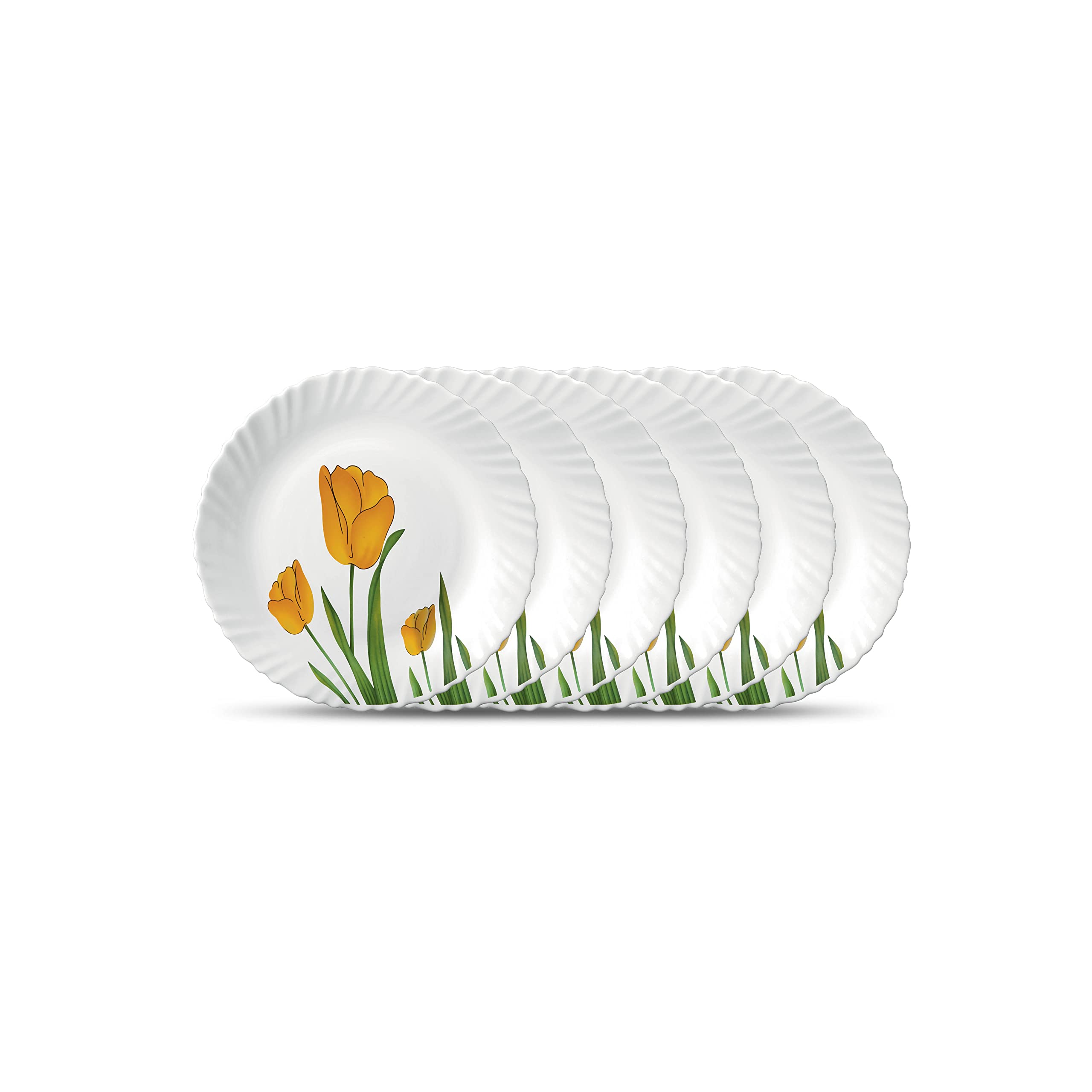 La Opala Diva Classique Collection Opal Glass Crockery | Quarter Plate Set Of 6 | Tulip Passion Design | For Snacking & Gifting 