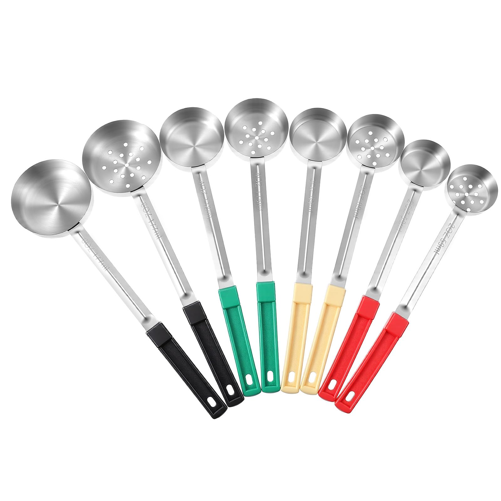 Afcabakila 8PCS Portion Control Serving Spoons, 2, 3, 4, 6 oz Solid and Slotted Stainless Steel Measuring Ladle Spoon for Restau