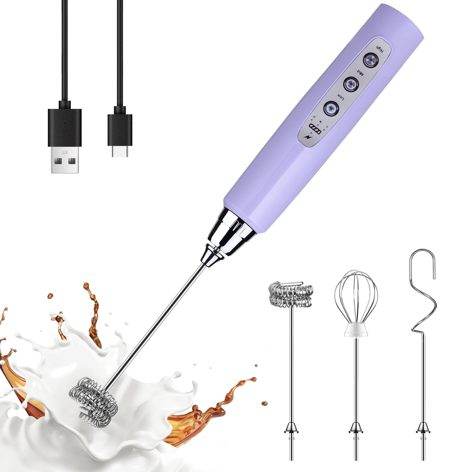 YUSWKO Handheld Milk Frother for Coffee  Rechargeable Drink Mixer with 3 Heads 3 Speeds Electric Whisk Coffee Frother For Latte  Cappuccino  Hot Chocolate  Egg - Light Purple