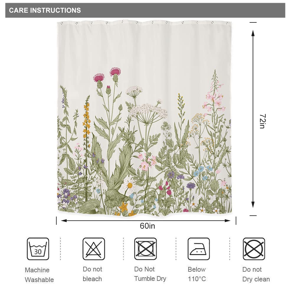 Riyidecor Fabric Green Leaves Shower Curtain for Bathroom Decor 60Wx72H Inch Floral Flower Botanical Wildflower Decorative Bath Set Plant Herbs Bathroom Accessories Polyester Waterproof 12 Pack Hooks