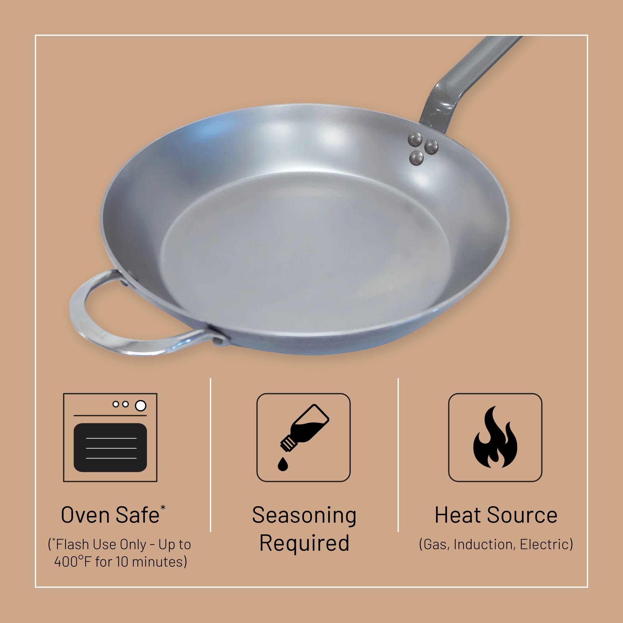 De Buyer Mineral B Carbon Steel Fry Pan - 14    - Ideal For Searing, Sauteing & Reheating - Naturally Nonstick - Made In France