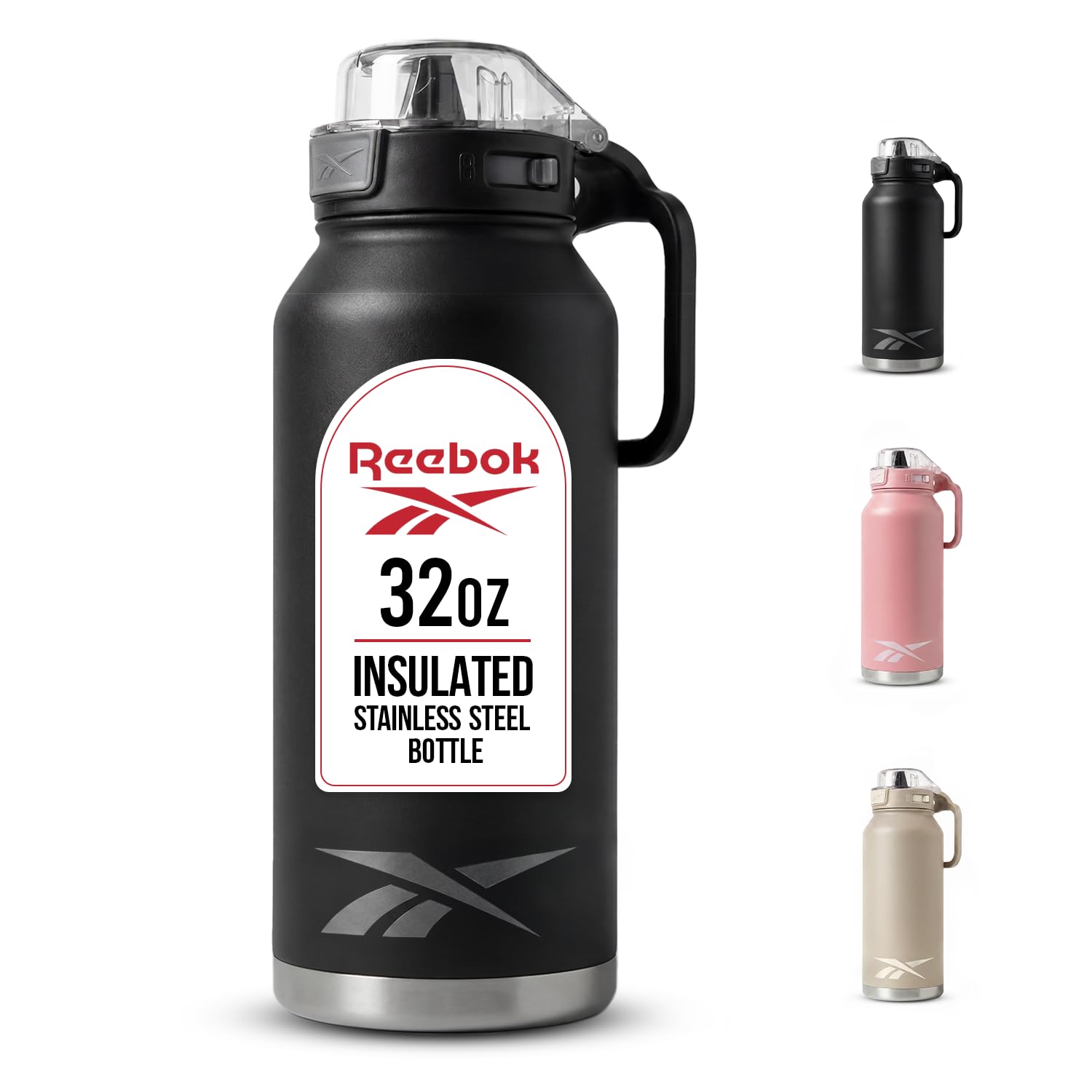 Reebok 32 oz Insulated Stainless Steel Water Bottle with Straw, Black