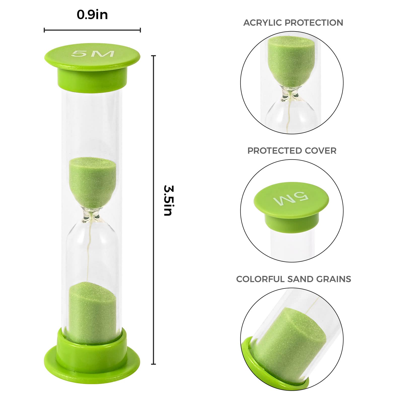 Teacherfav Sand Timer For Kids - 5 Minute Set Of 4 Hour Glass - Green Color- Acrylic Covered For Classroom, Home & Kids Room