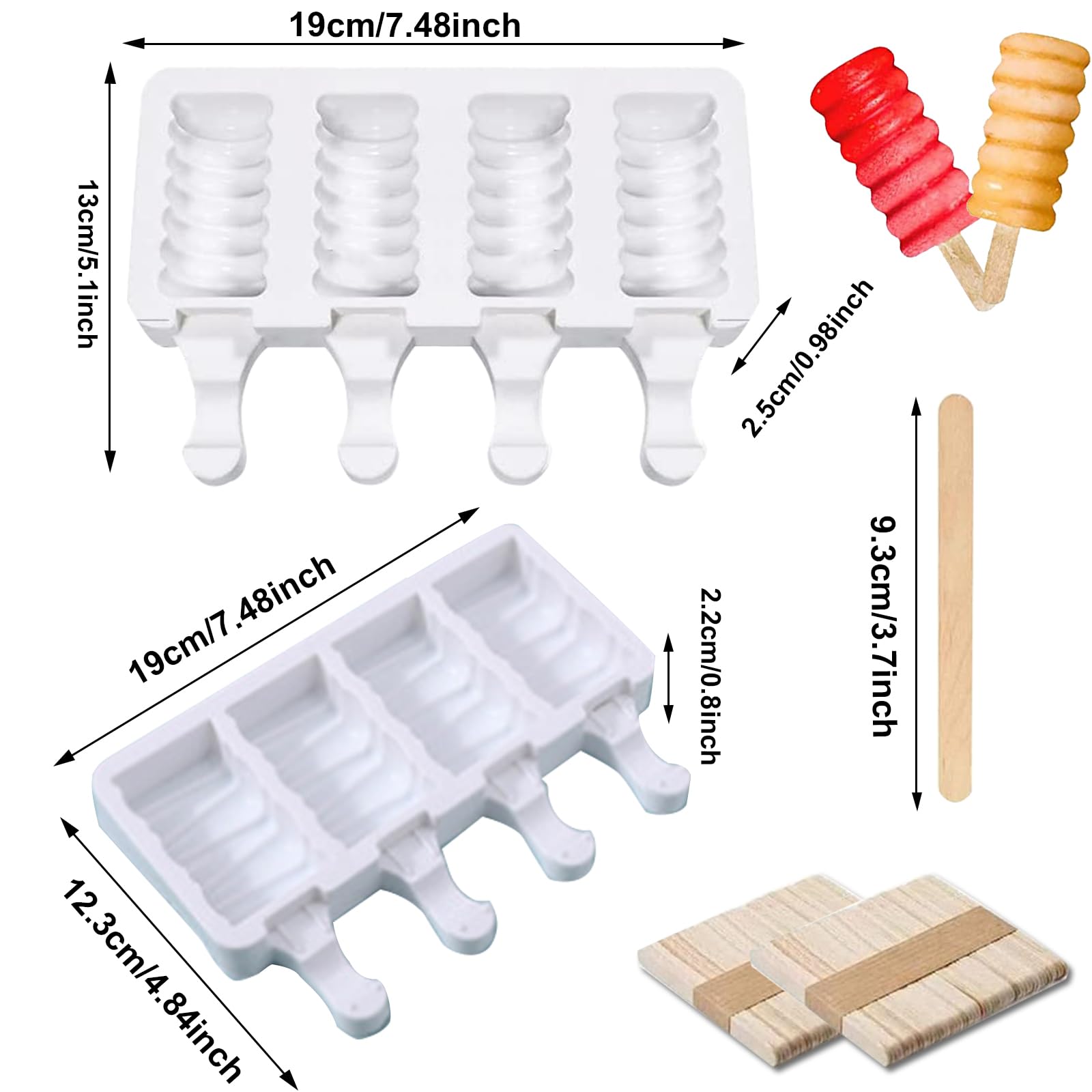 2 Pcs Popsicle Molds, Small 4 Cavities Cake Pop Silicone Molds Ice Cream Cakesicle Molds For Diy Popsicle With 100 Wooden Sticks
