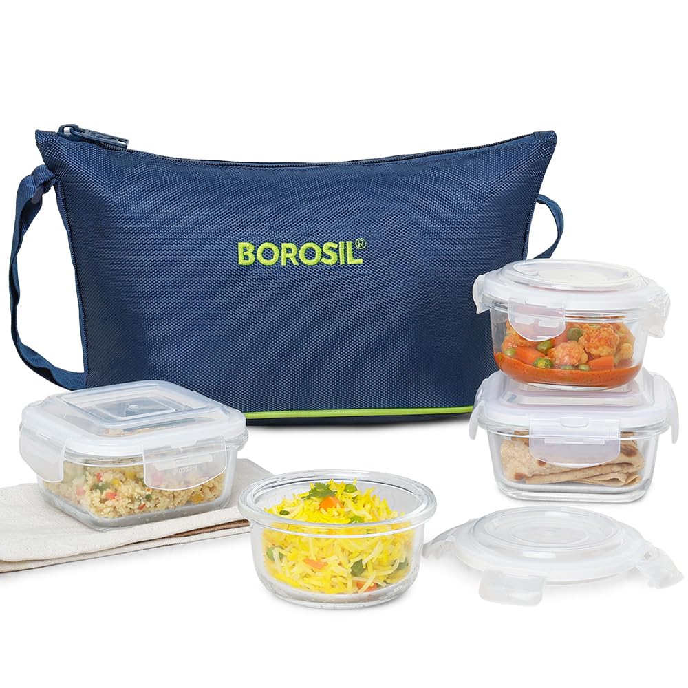 Borosil Glass Daisy Microwave Safe Office Tiffin Lunch Box (Blue, 2 pcs 320 ml Square, 2pcs 240 ml Round) Set of 4