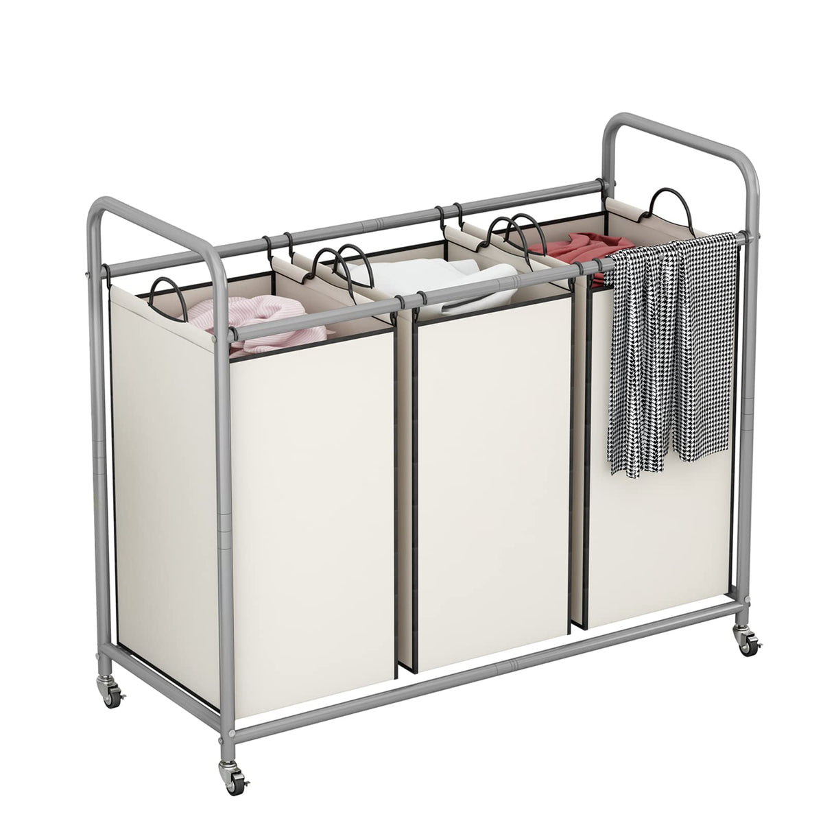 Linzinar 3-Bag Laundry Sorter,Laundry Hamper Cart With Heavy Duty Rolling Lockable Wheels And Removable Bags (Beige)
