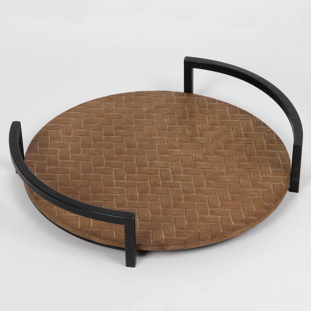 Farmhouse Round Decorative Tray,Wood Serving Tray With Metal Handles, Rustic Ottoman Coffee Table Accent Tray, Centerpieces For