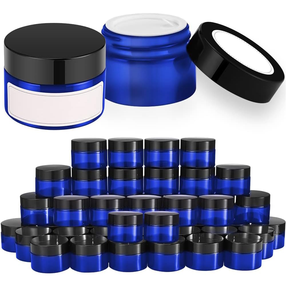 Bumobum 1 Oz Blue Glass Jars With Lids, 48 Pack Clear Small Jars With Black Lids, White Labels & Inner Liners, Empty Round Cosme