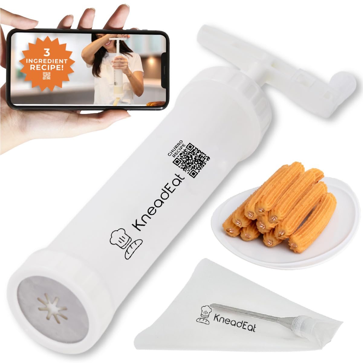 Kneadeat Churro Maker Machine Churrera And Piping Bag Churros Filler. Easy Qr-Recipe To Prepare And Fill Your Own Churros At Hom