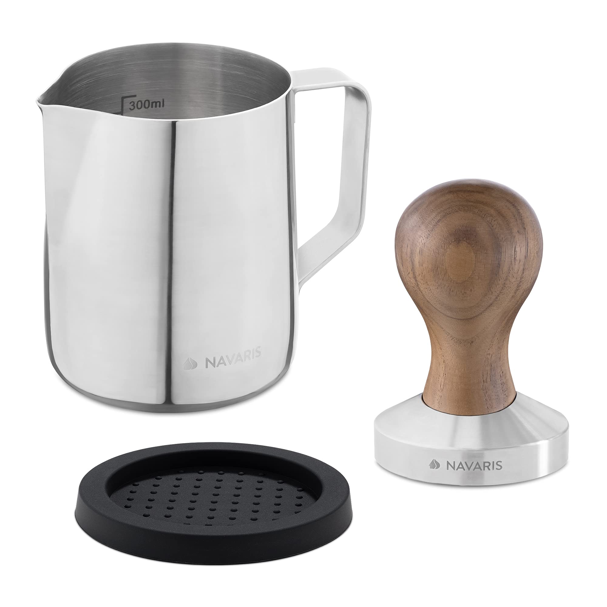 Navaris Coffee Tamper Set - Milk Jug And Stainless Steel Espresso Press With Walnut Handle For Coffee - 51Mm Coffee Ground Compr