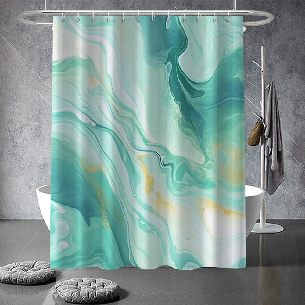 Ruelvth Green Shower Curtain, Modern Turquoise Marble Shower Curtain For Bathroom Aesthetic Ink Texture Waterproof Fabric Shower