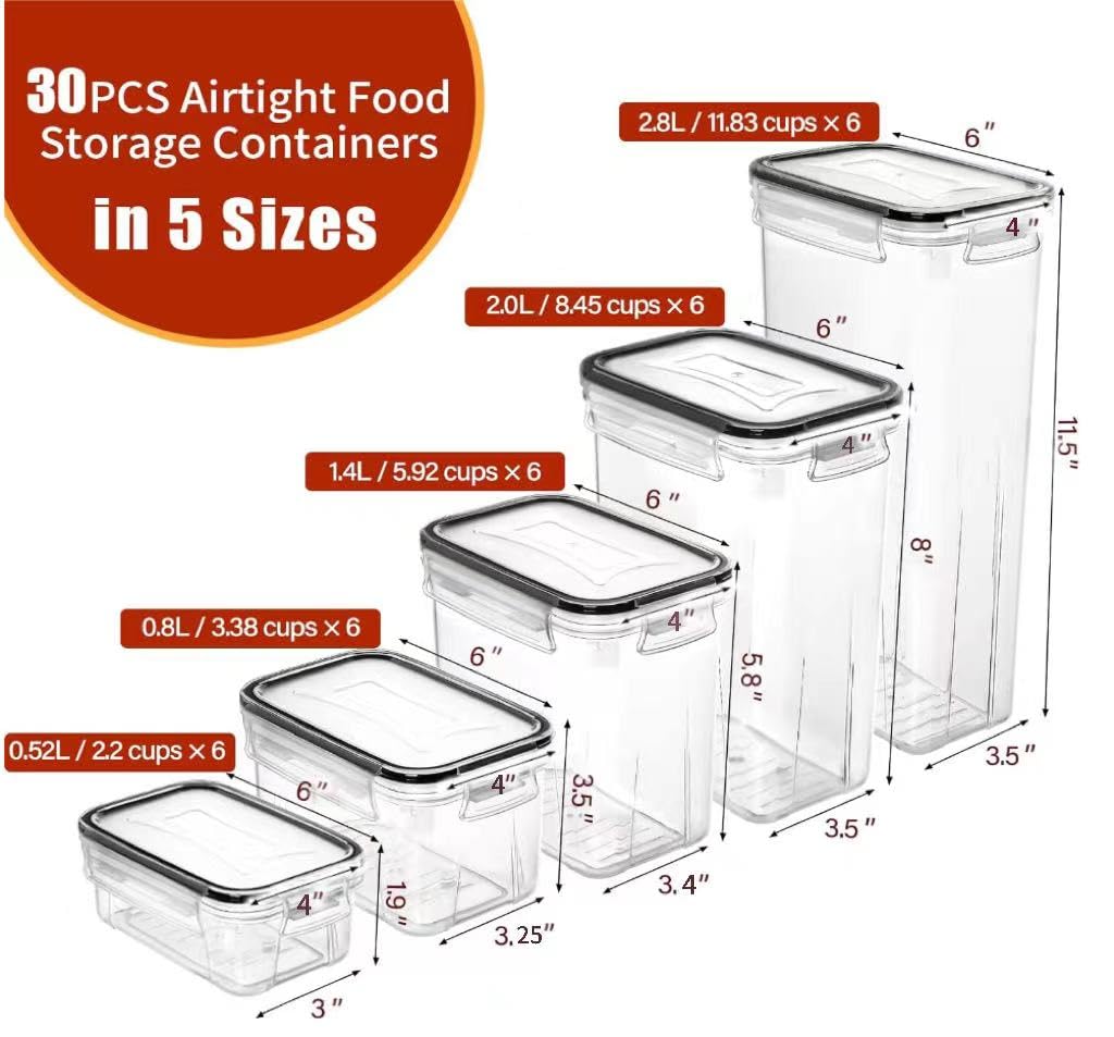 Praki 30 Pack Airtight Food Storage Containers For Kitchen Pantry Organizers And Storage, Plastic Kitchen Storage Canisters With