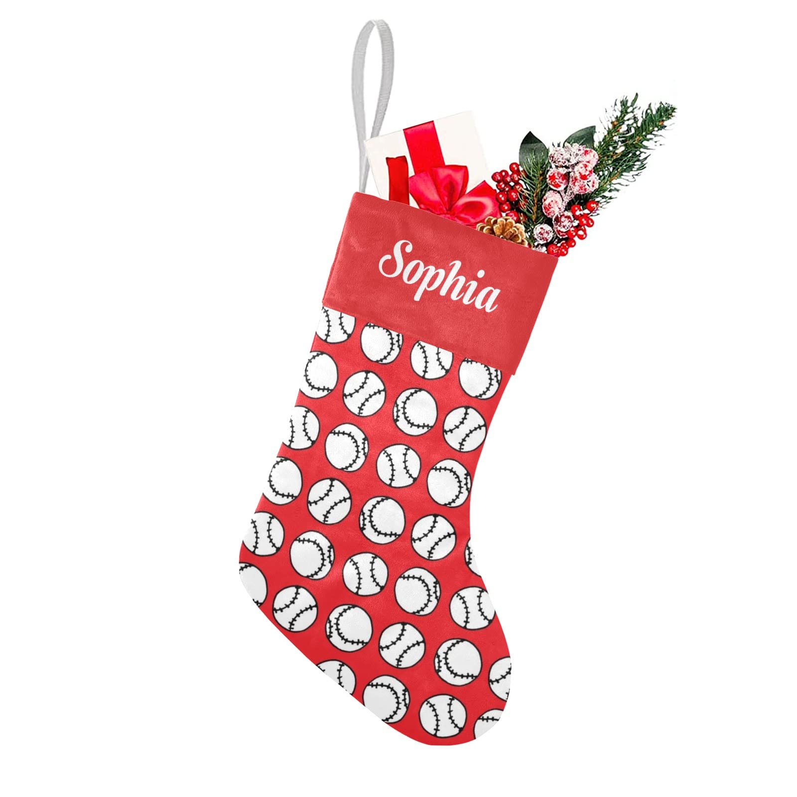 SunFancyCustom Sports Baseballs on Red Christmas Stockings Personalized Holiday Xmas Party Gift Bag Socks Home Decor 17.52 x 7.8