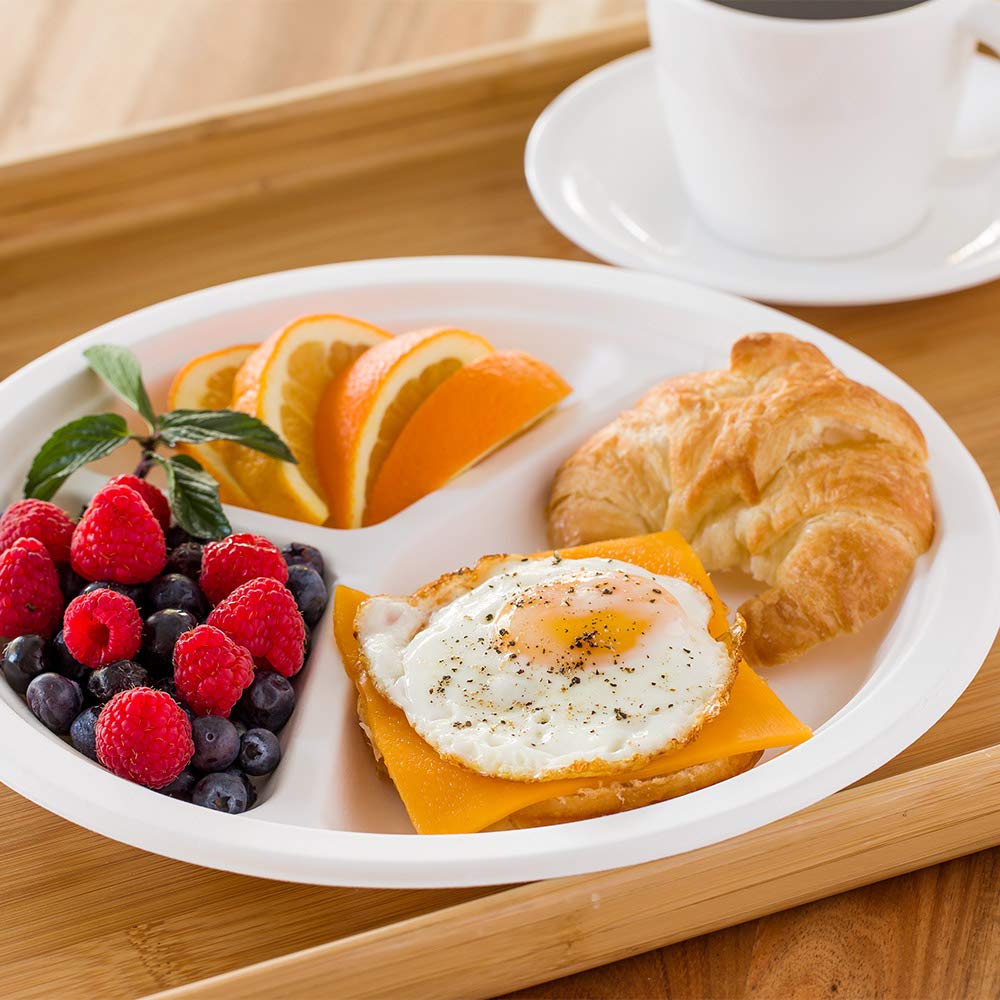 Restaurantware Bagasse Three Compartment Plate Round Compartment Plate Party Plate - 10'' - Durable All Natural Premium Disposab