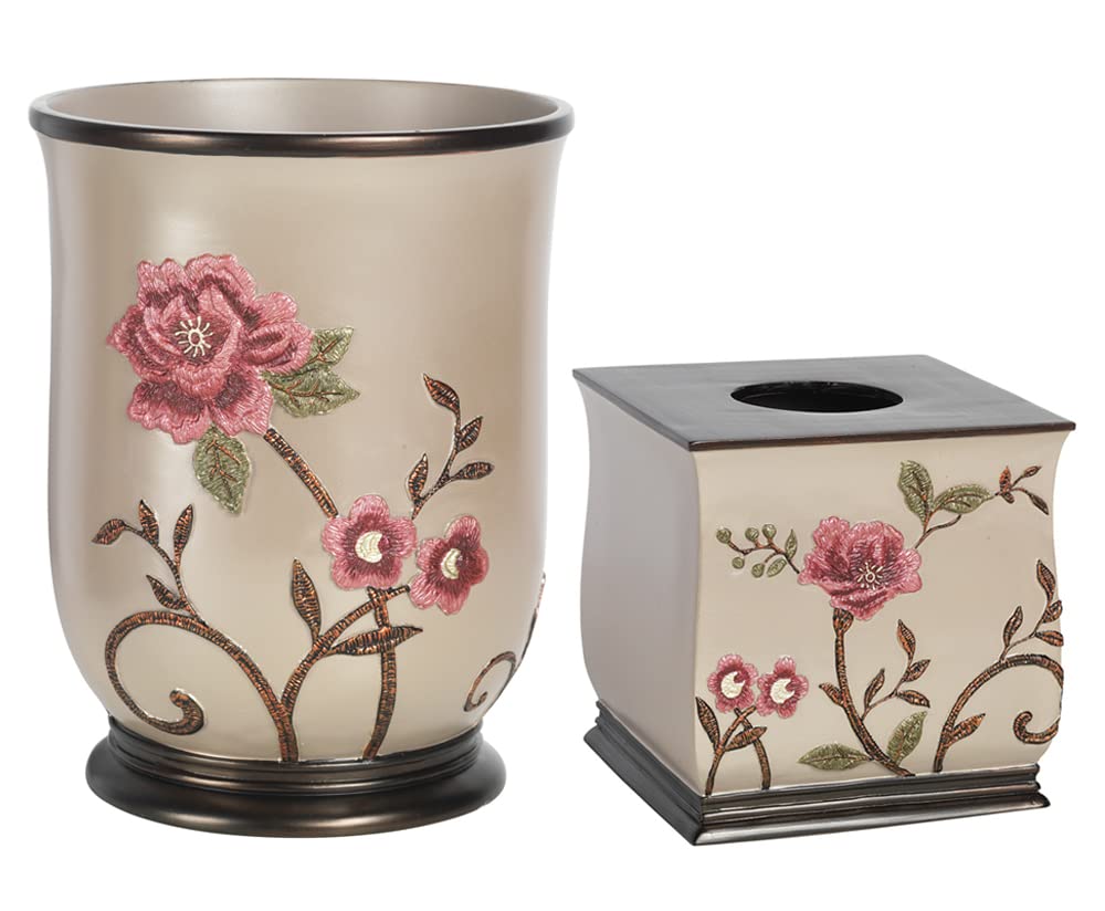 Zahari Home 2pc Larrisa Floral Bathroom Decor Set Waste Basket for Bathroom & Tissue Cover Modern Classic Contemporary Decor Sty