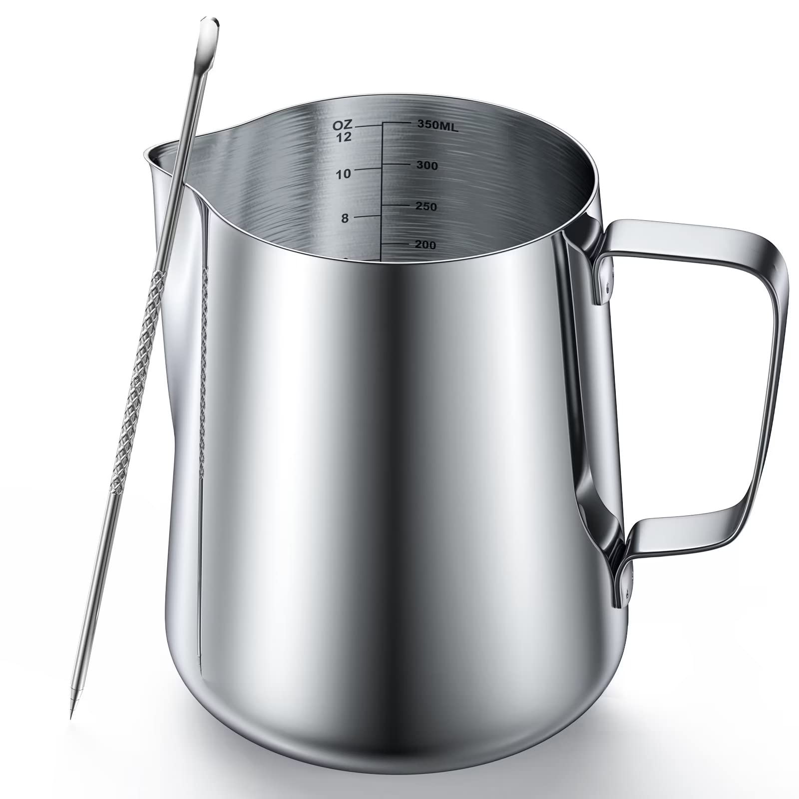 12 Ounces Stainless Steel Milk Frothing Pitcher, Measurements On Both Sides, Espresso Machine Accessories, Latte Art Cup With In