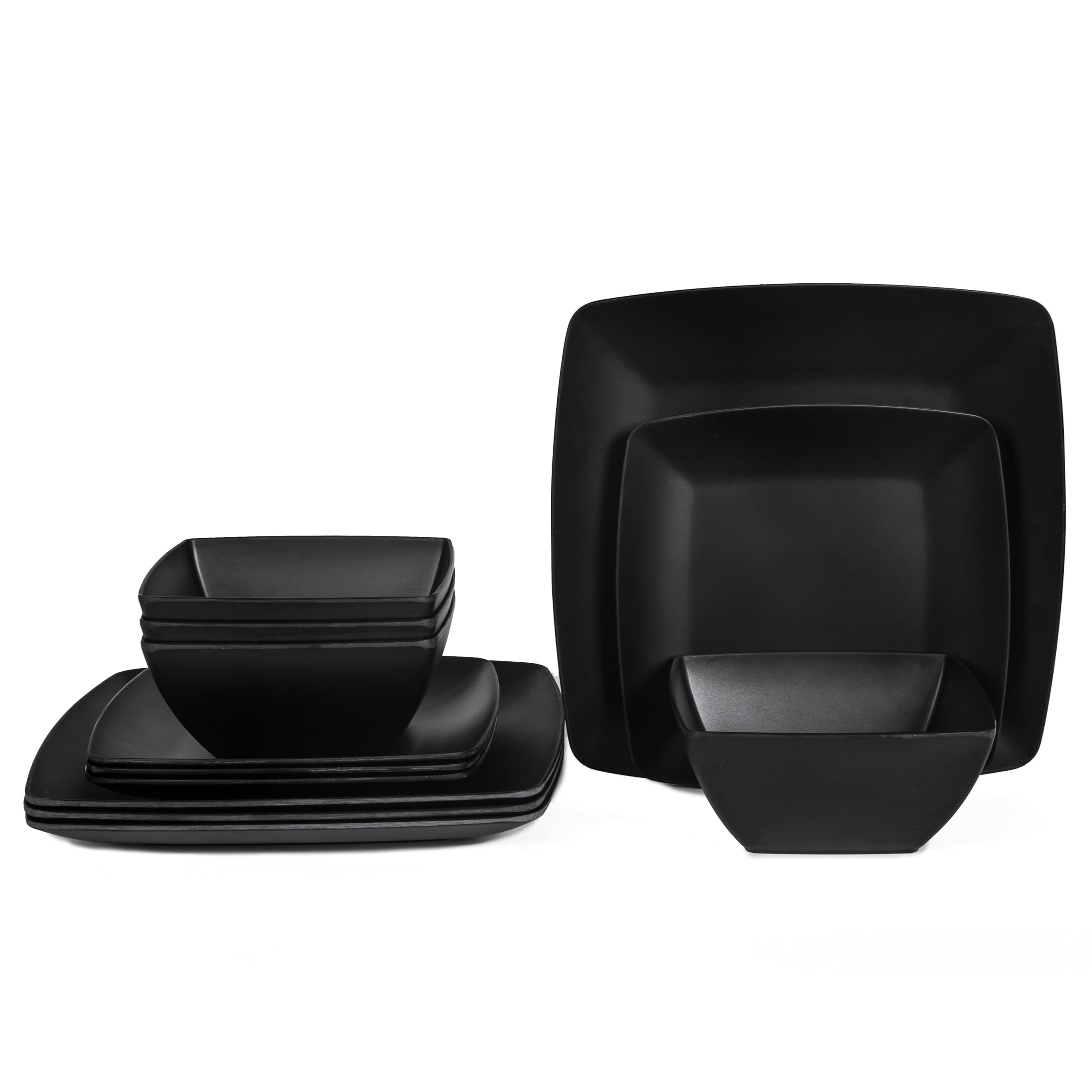 Melamine 12pcs Classic Square Dinnerware Set, Concise Plates and Bowls Set, Service for 4, Dishwasher Safe Black