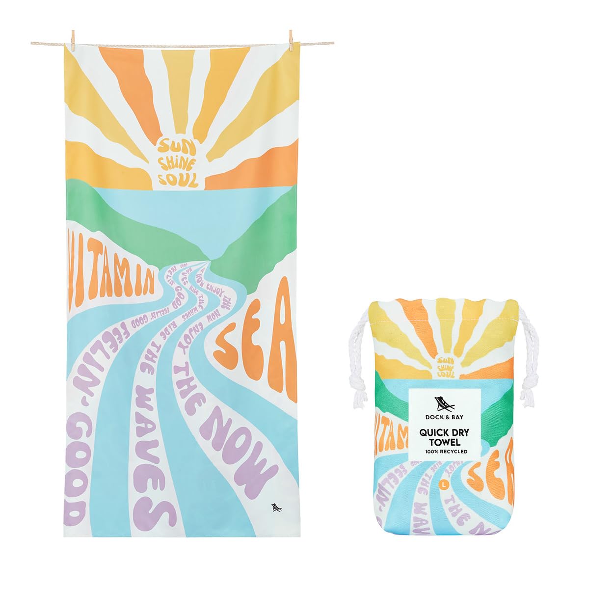 Dock & Bay Beach Towel - Quick Dry, Sand Free - Compact, Lightweight - 100% Recycled - Includes Bag - Vitamin Sea - Large (160X9