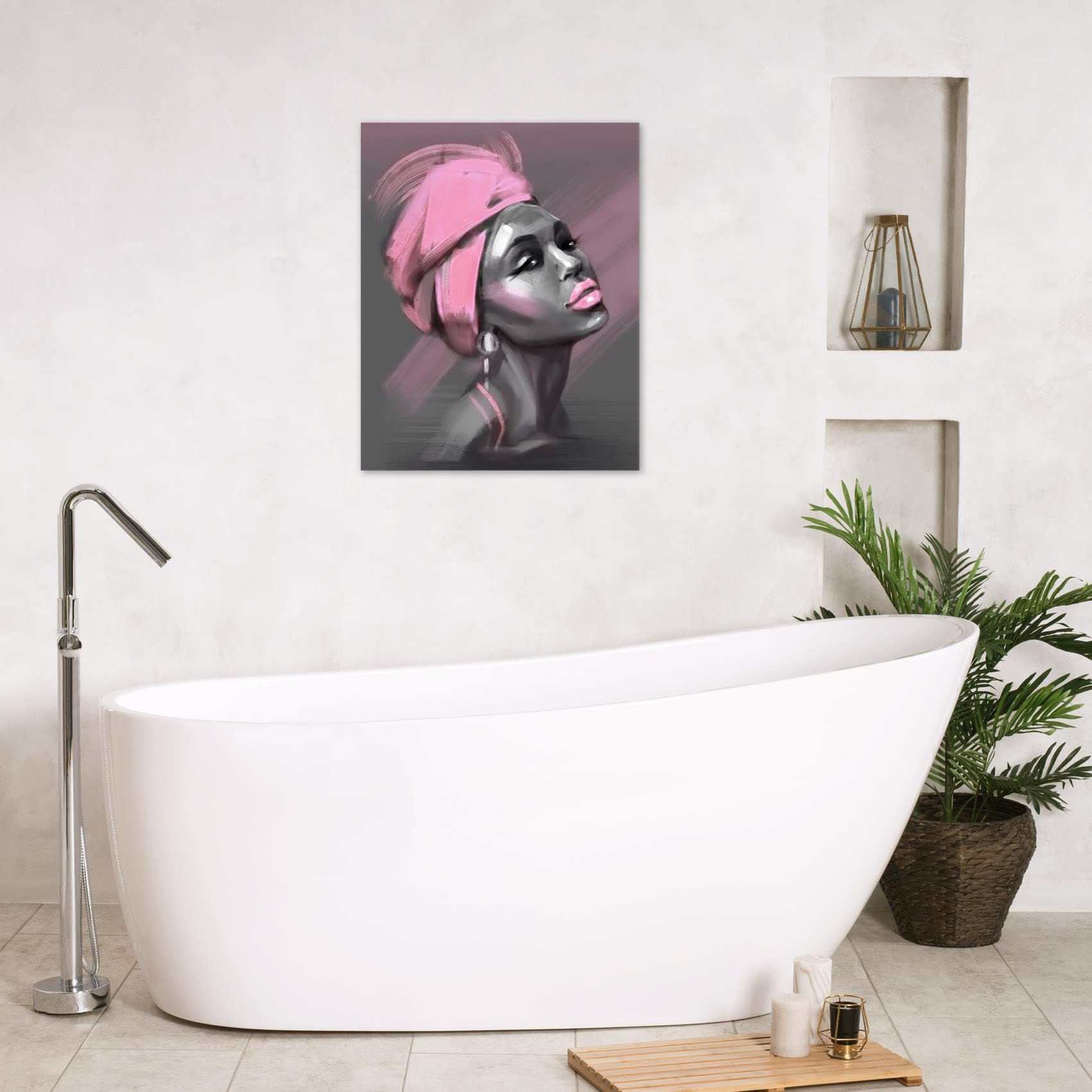 LB African American Women Canvas Wall Art  Beauty Black Woman Pink Hair Canvas Art  Abstract Minimalist Painting Wall Decor for Living Room Bedroom Bathroom Home Decor Ready to Hanging 12x16 Inch