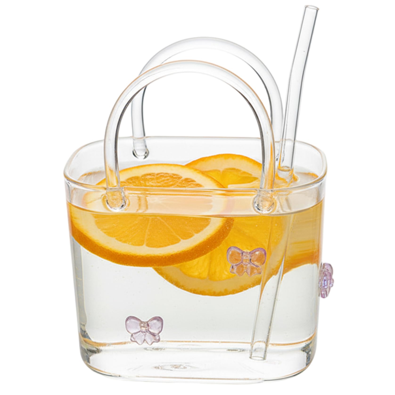 Striegro Glass Purse For Drinks, Purple Bow Handbag Shaped Purse Drinking Glass - 720ml High Borosilicate Cup With Straw For Coc
